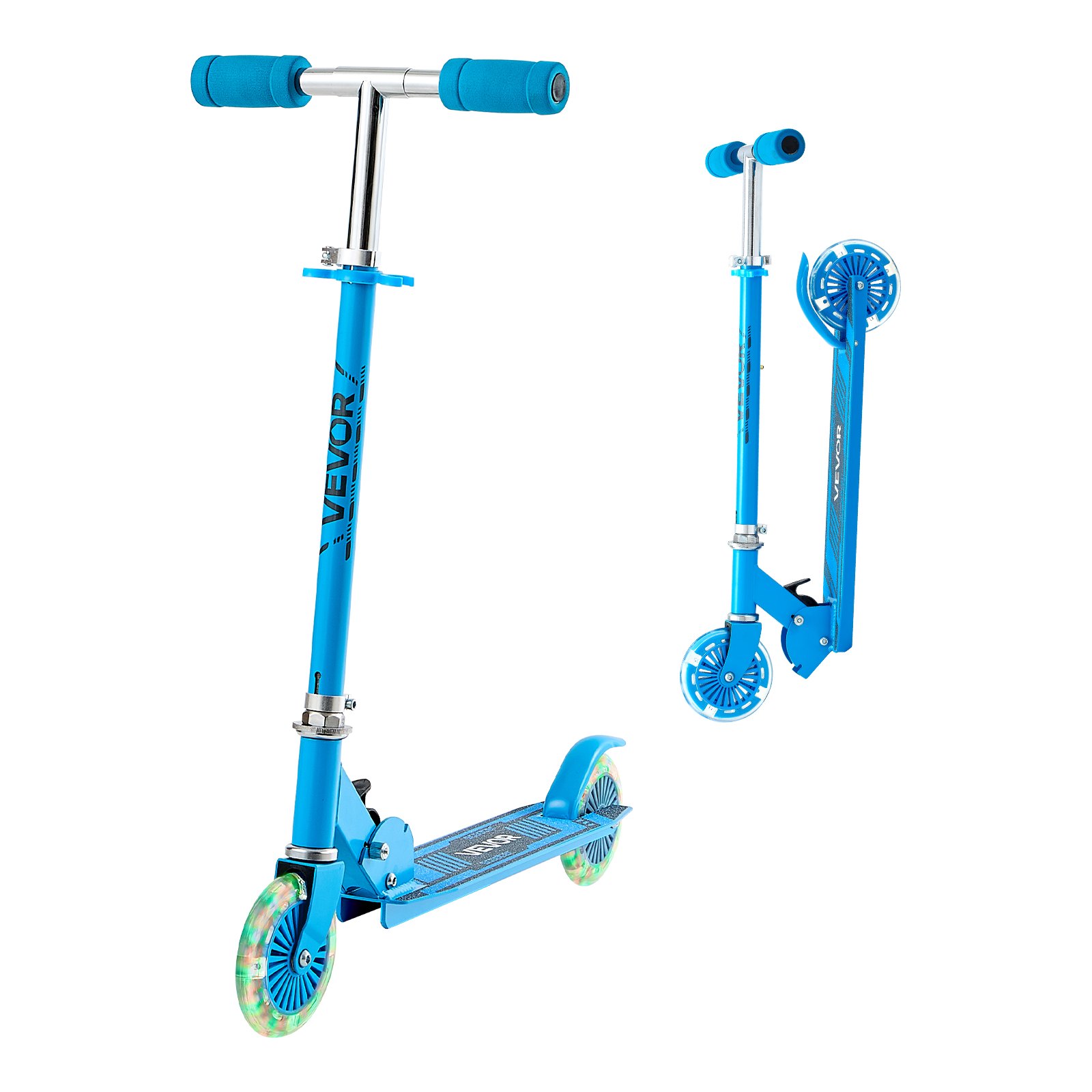 VEVOR Kick Scooter for Kids Ages 3+, 2-Wheel Toddler Scooter with Light-Up Wheels, Adjustable Height Handlebar, Wide Anti-Slip Deck, Foldable Lightweight Frame for Boys and Girls up to 49.9 kg, Blue