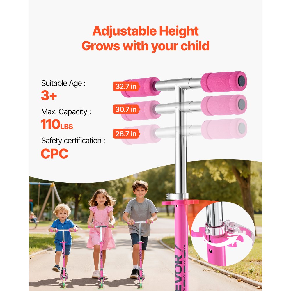 VEVOR Kick Scooter for Kids Ages 3+, 2-Wheel Toddler Scooter with Light-Up Wheels, Adjustable Height Handlebar, Wide Anti-Slip Deck, Foldable Lightweight Frame for Boys and Girls up to 49.9 kg, Pink