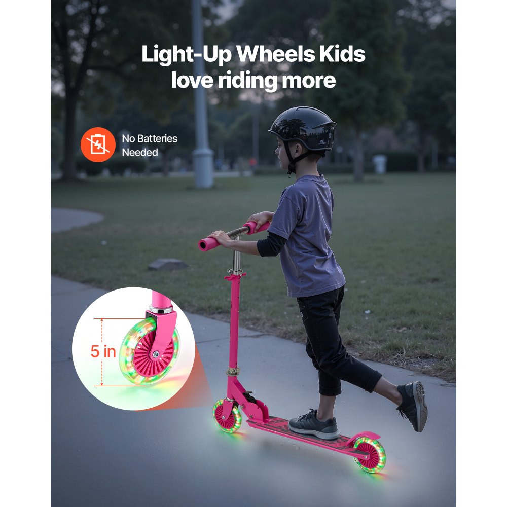 VEVOR Kick Scooter for Kids Ages 3+, 2-Wheel Toddler Scooter with Light-Up Wheels, Adjustable Height Handlebar, Wide Anti-Slip Deck, Foldable Lightweight Frame for Boys and Girls up to 49.9 kg, Pink