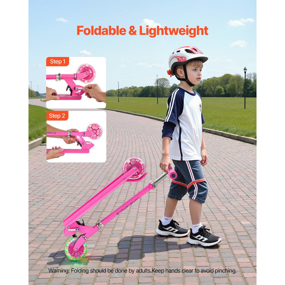 VEVOR Kick Scooter for Kids Ages 3+, 2-Wheel Toddler Scooter with Light-Up Wheels, Adjustable Height Handlebar, Wide Anti-Slip Deck, Foldable Lightweight Frame for Boys and Girls up to 49.9 kg, Pink