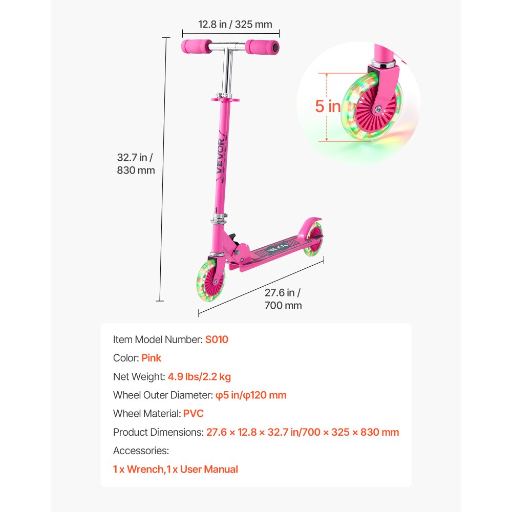VEVOR Kick Scooter for Kids Ages 3+, 2-Wheel Toddler Scooter with Light-Up Wheels, Adjustable Height Handlebar, Wide Anti-Slip Deck, Foldable Lightweight Frame for Boys and Girls up to 49.9 kg, Pink