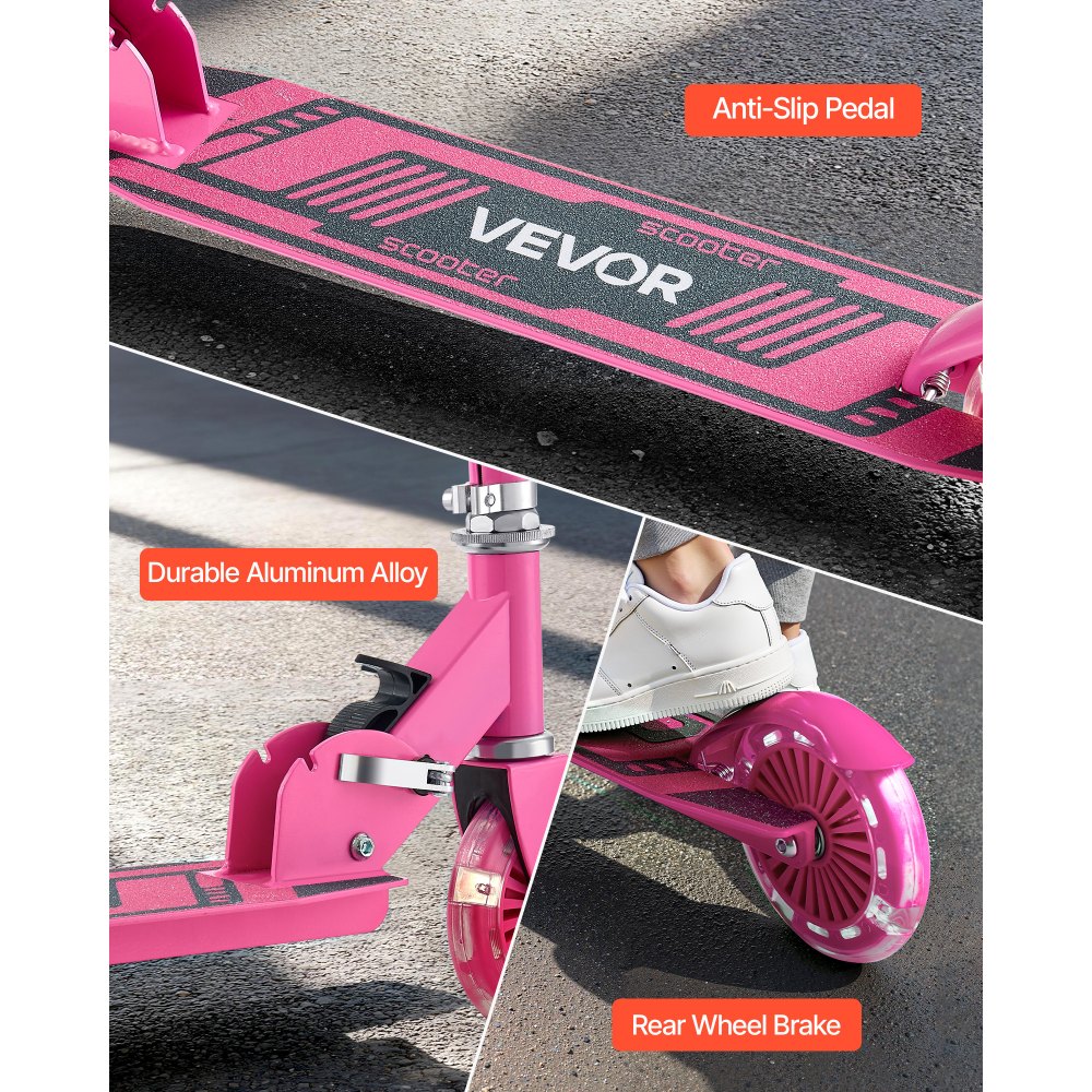 VEVOR Kick Scooter for Kids Ages 3+, 2-Wheel Toddler Scooter with Light-Up Wheels, Adjustable Height Handlebar, Wide Anti-Slip Deck, Foldable Lightweight Frame for Boys and Girls up to 49.9 kg, Pink