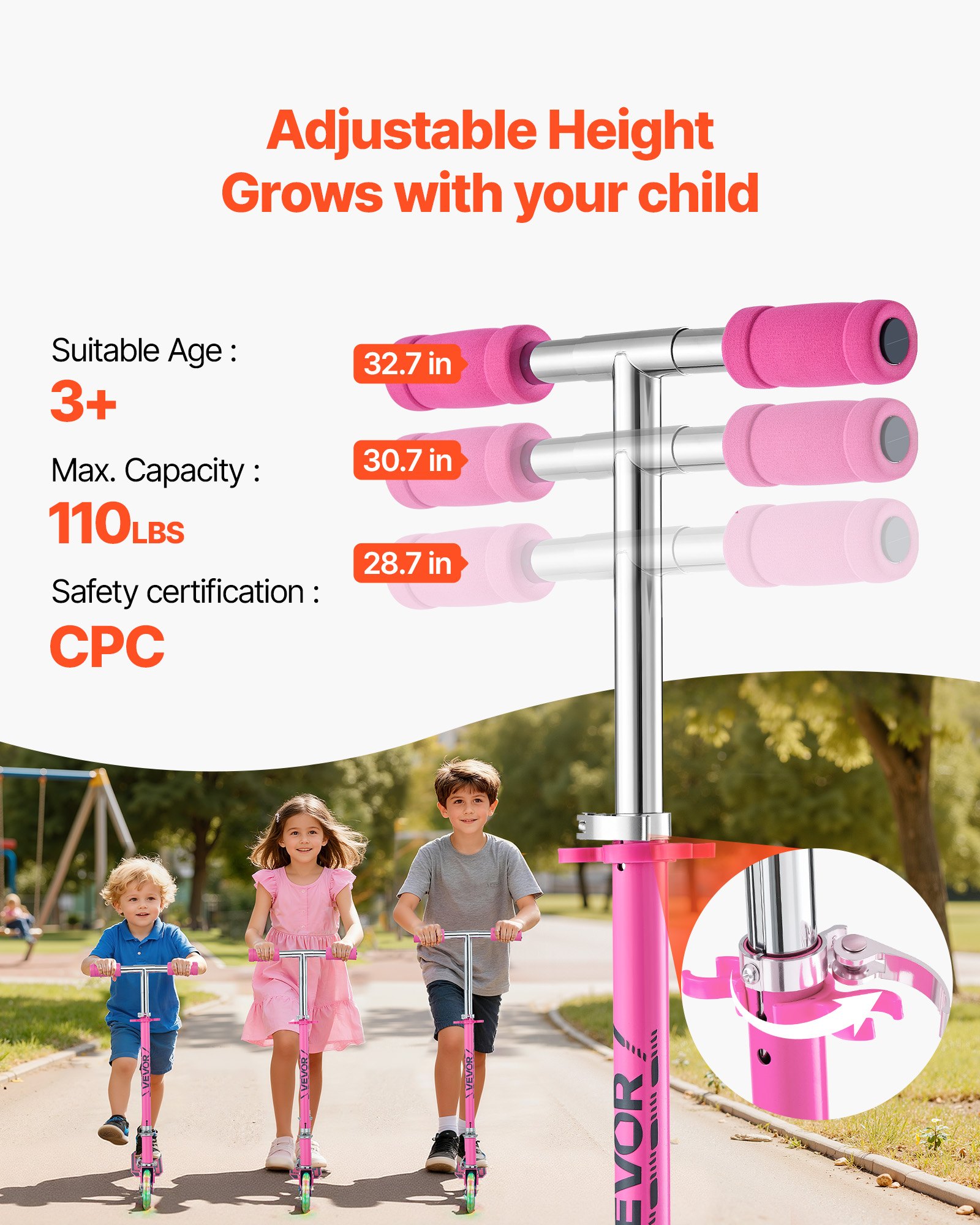 VEVOR Kick Scooter for Kids Ages 3+, 2-Wheel Toddler Scooter with Light-Up Wheels, Adjustable Height Handlebar, Wide Anti-Slip Deck, Foldable Lightweight Frame for Boys and Girls up to 49.9 kg, Pink