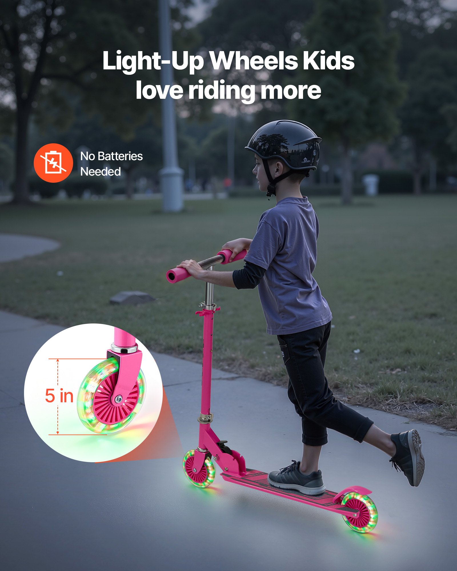 VEVOR Kick Scooter for Kids Ages 3+, 2-Wheel Toddler Scooter with Light-Up Wheels, Adjustable Height Handlebar, Wide Anti-Slip Deck, Foldable Lightweight Frame for Boys and Girls up to 49.9 kg, Pink