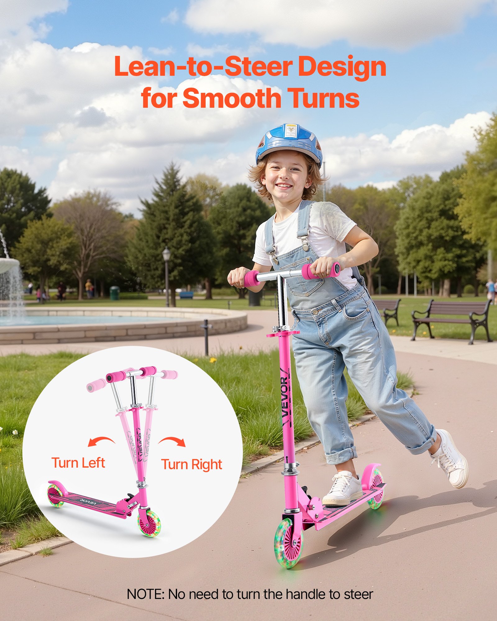 VEVOR Kick Scooter for Kids Ages 3+, 2-Wheel Toddler Scooter with Light-Up Wheels, Adjustable Height Handlebar, Wide Anti-Slip Deck, Foldable Lightweight Frame for Boys and Girls up to 49.9 kg, Pink