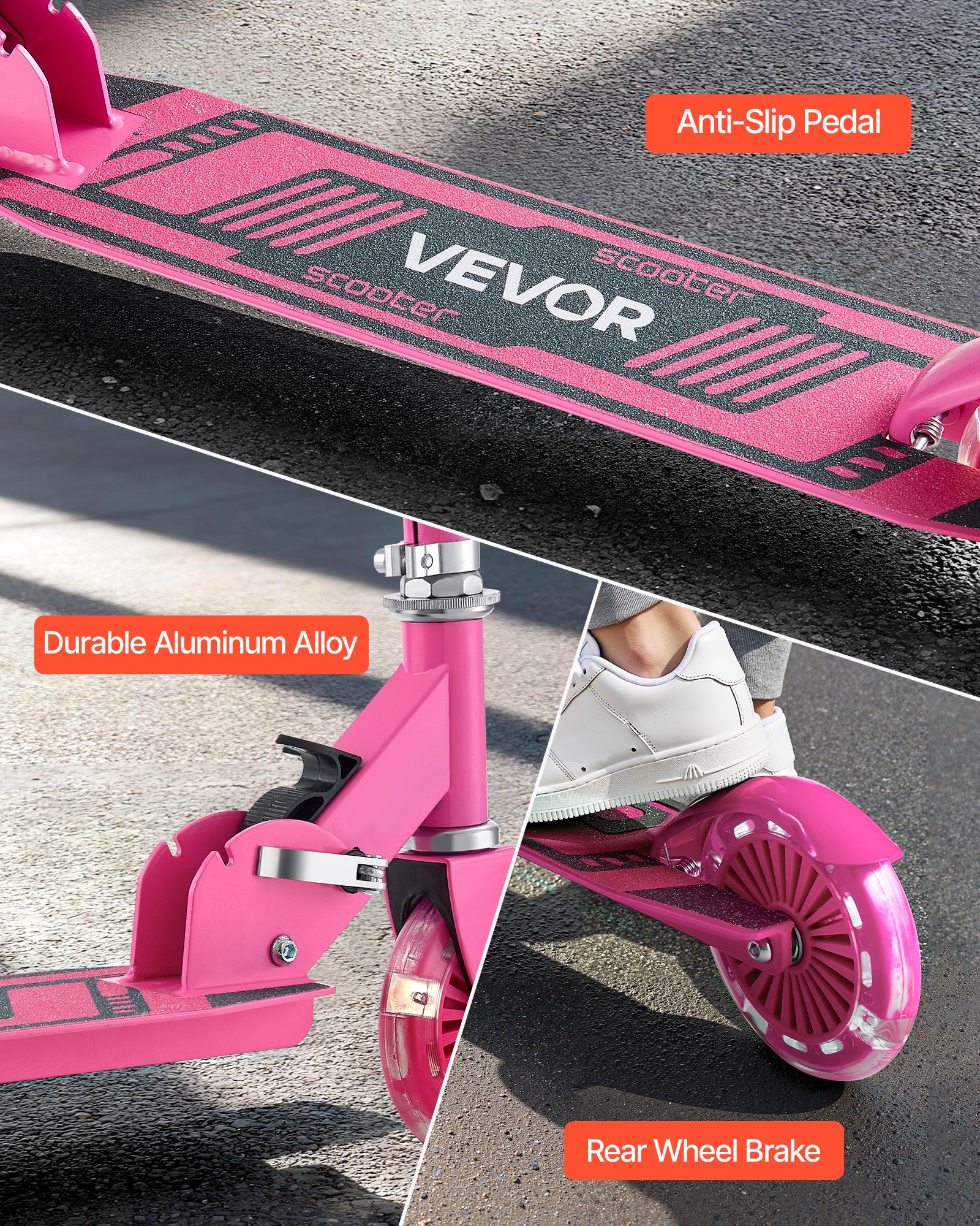 VEVOR Kick Scooter for Kids Ages 3+, 2-Wheel Toddler Scooter with Light-Up Wheels, Adjustable Height Handlebar, Wide Anti-Slip Deck, Foldable Lightweight Frame for Boys and Girls up to 49.9 kg, Pink