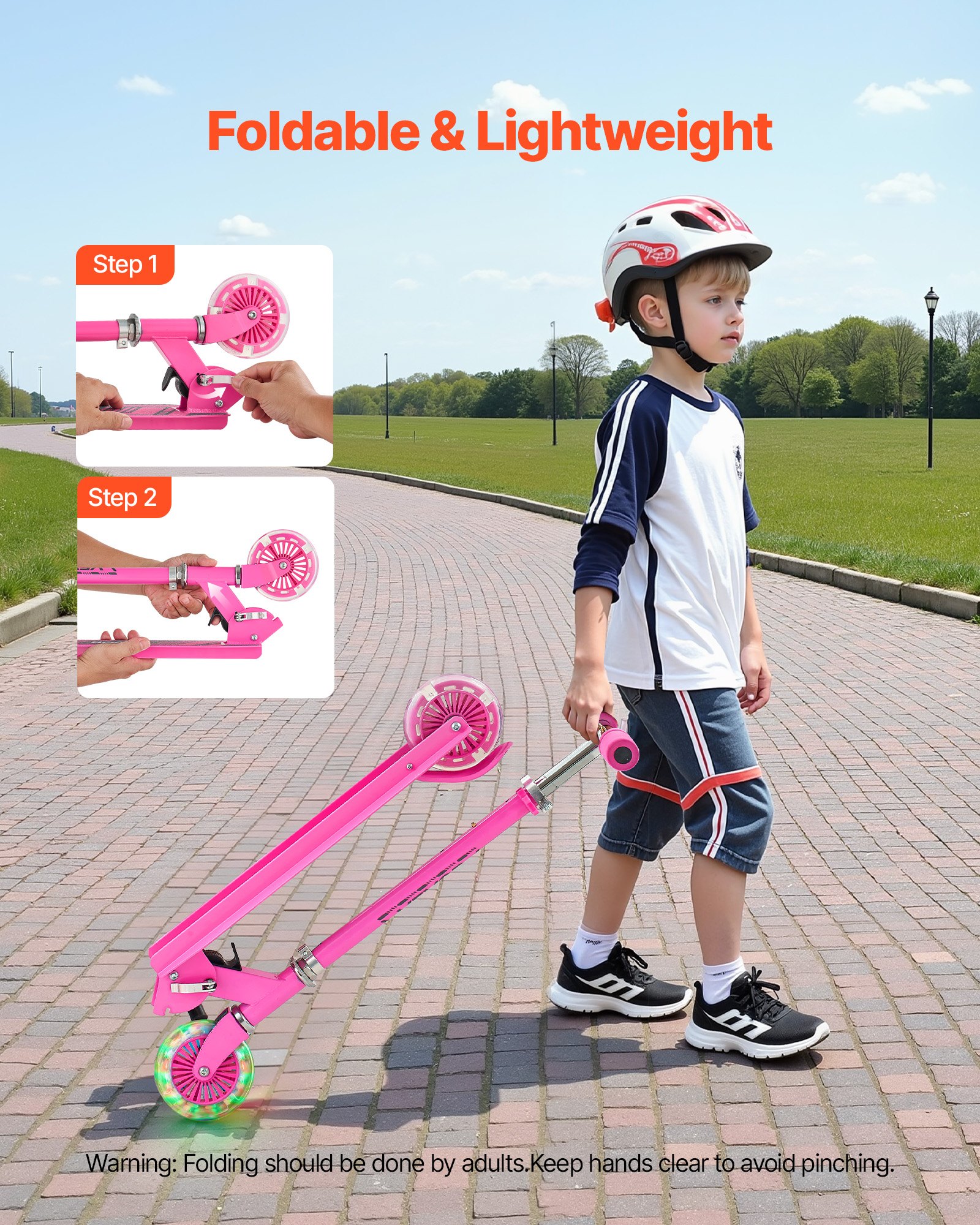 VEVOR Kick Scooter for Kids Ages 3+, 2-Wheel Toddler Scooter with Light-Up Wheels, Adjustable Height Handlebar, Wide Anti-Slip Deck, Foldable Lightweight Frame for Boys and Girls up to 49.9 kg, Pink
