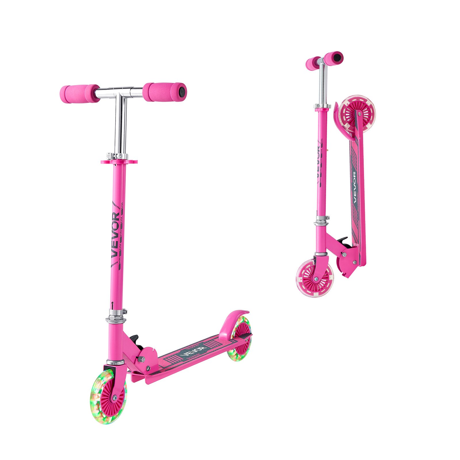 VEVOR Kick Scooter for Kids Ages 3+, 2-Wheel Toddler Scooter with Light-Up Wheels, Adjustable Height Handlebar, Wide Anti-Slip Deck, Foldable Lightweight Frame for Boys and Girls up to 49.9 kg, Pink