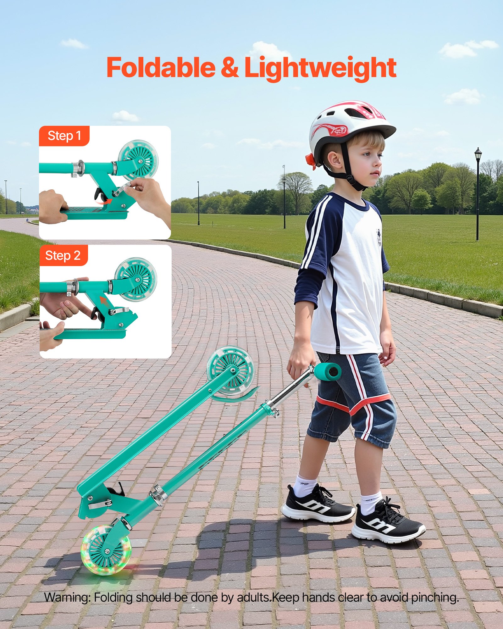VEVOR Kick Scooter for Kids Ages 3+, 2-Wheel Toddler Scooter with Light-Up Wheels, Adjustable Height Handlebar, Wide Anti-Slip Deck, Foldable Lightweight Frame for Boys and Girls up to 49.9 kg, Green