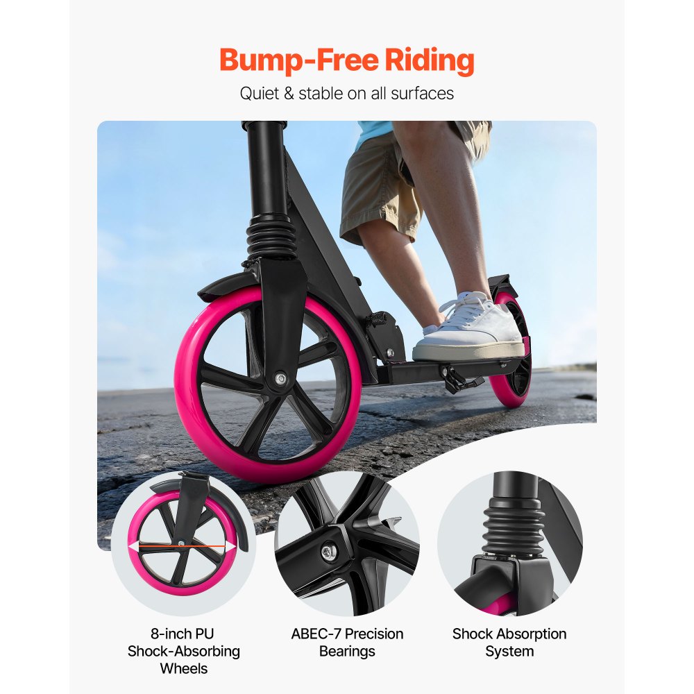 VEVOR Kick Scooter for Kids Ages 8+, Teens & Adults, 2-Wheel Toddler Scooter with Adjustable Height Handlebar, Wide Anti-Slip Deck, Foldable Lightweight Frame for Boys and Girls up to 99.8 kg, Pink