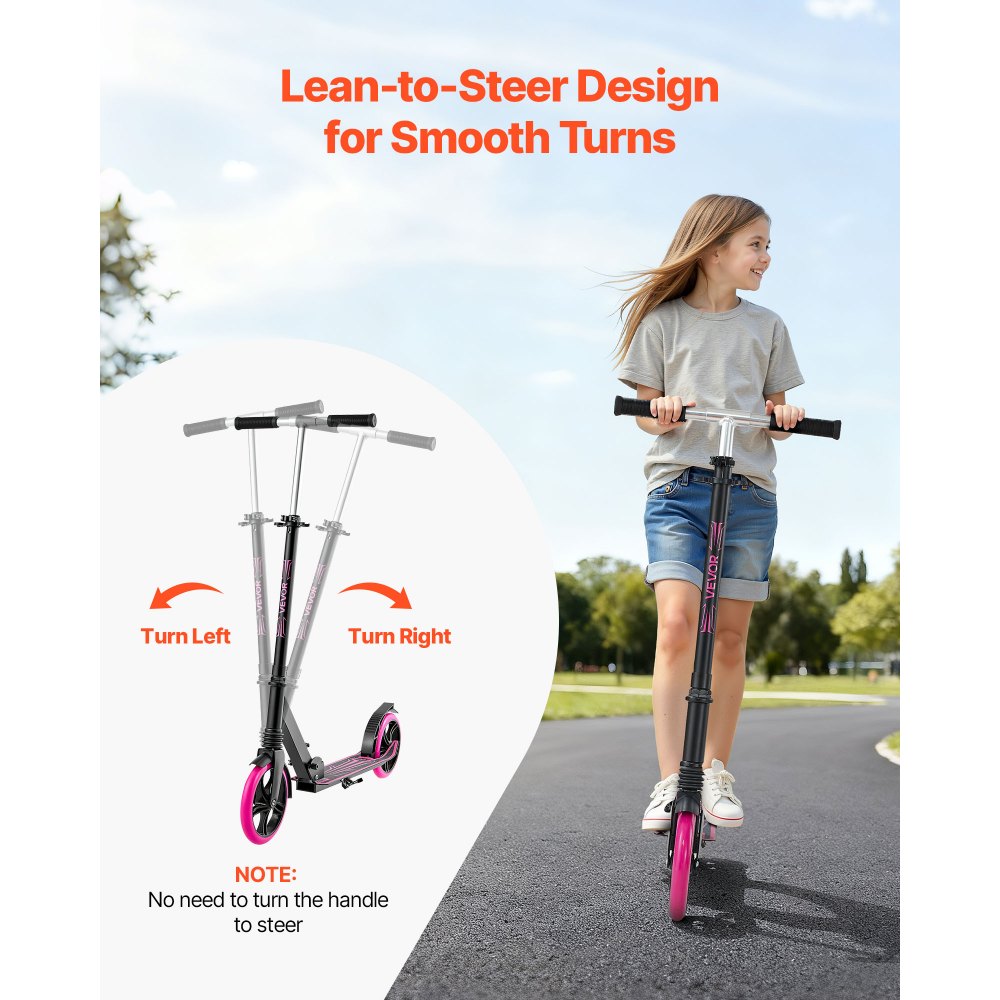 VEVOR Kick Scooter for Kids Ages 8+, Teens & Adults, 2-Wheel Toddler Scooter with Adjustable Height Handlebar, Wide Anti-Slip Deck, Foldable Lightweight Frame for Boys and Girls up to 99.8 kg, Pink