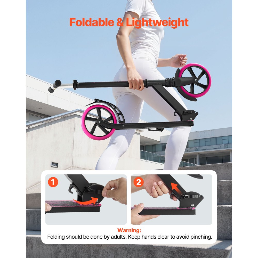 VEVOR Kick Scooter for Kids Ages 8+, Teens & Adults, 2-Wheel Toddler Scooter with Adjustable Height Handlebar, Wide Anti-Slip Deck, Foldable Lightweight Frame for Boys and Girls up to 99.8 kg, Pink
