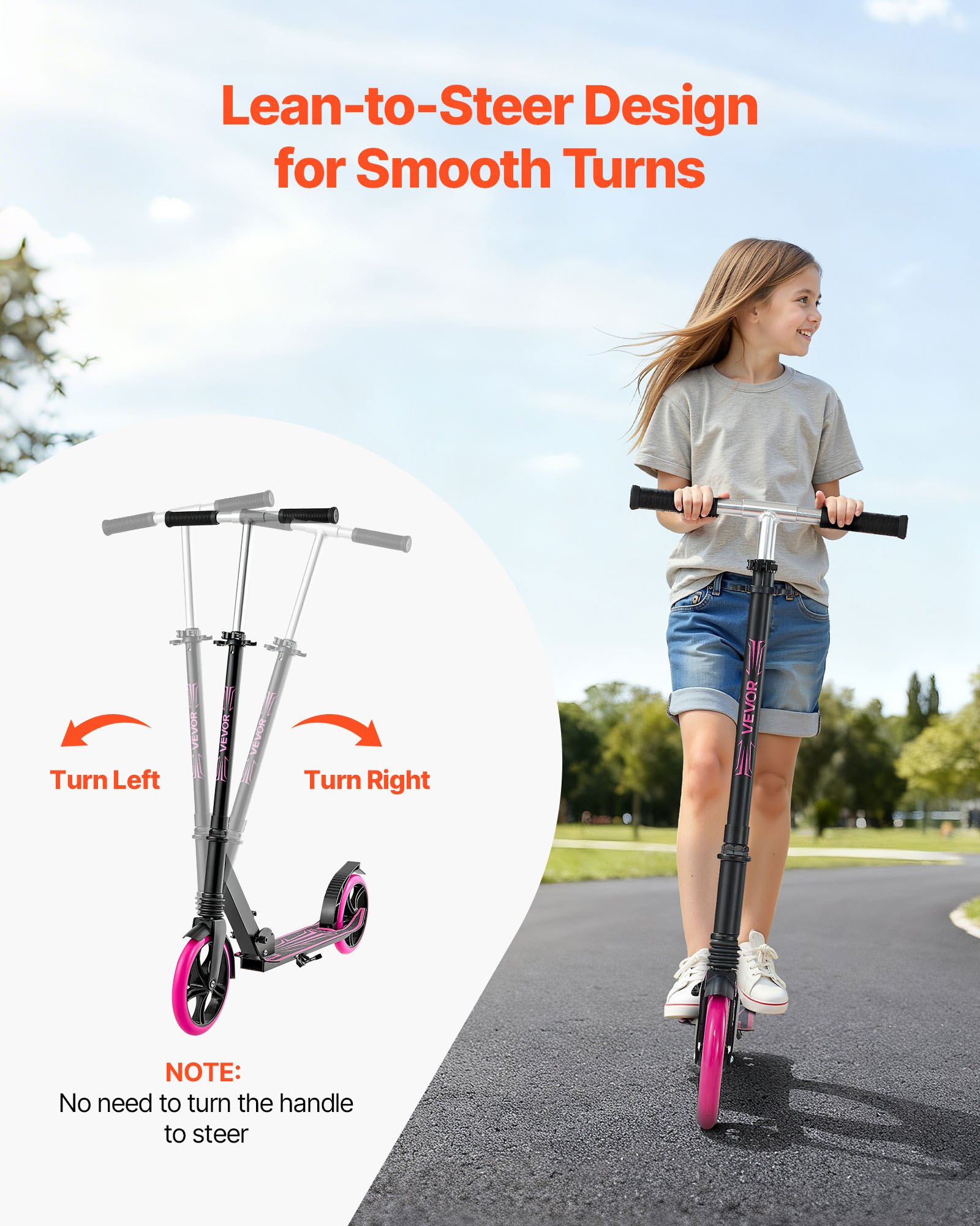 VEVOR Kick Scooter for Kids Ages 8+, Teens & Adults, 2-Wheel Toddler Scooter with Adjustable Height Handlebar, Wide Anti-Slip Deck, Foldable Lightweight Frame for Boys & Girls up to 220 lbs, Pink