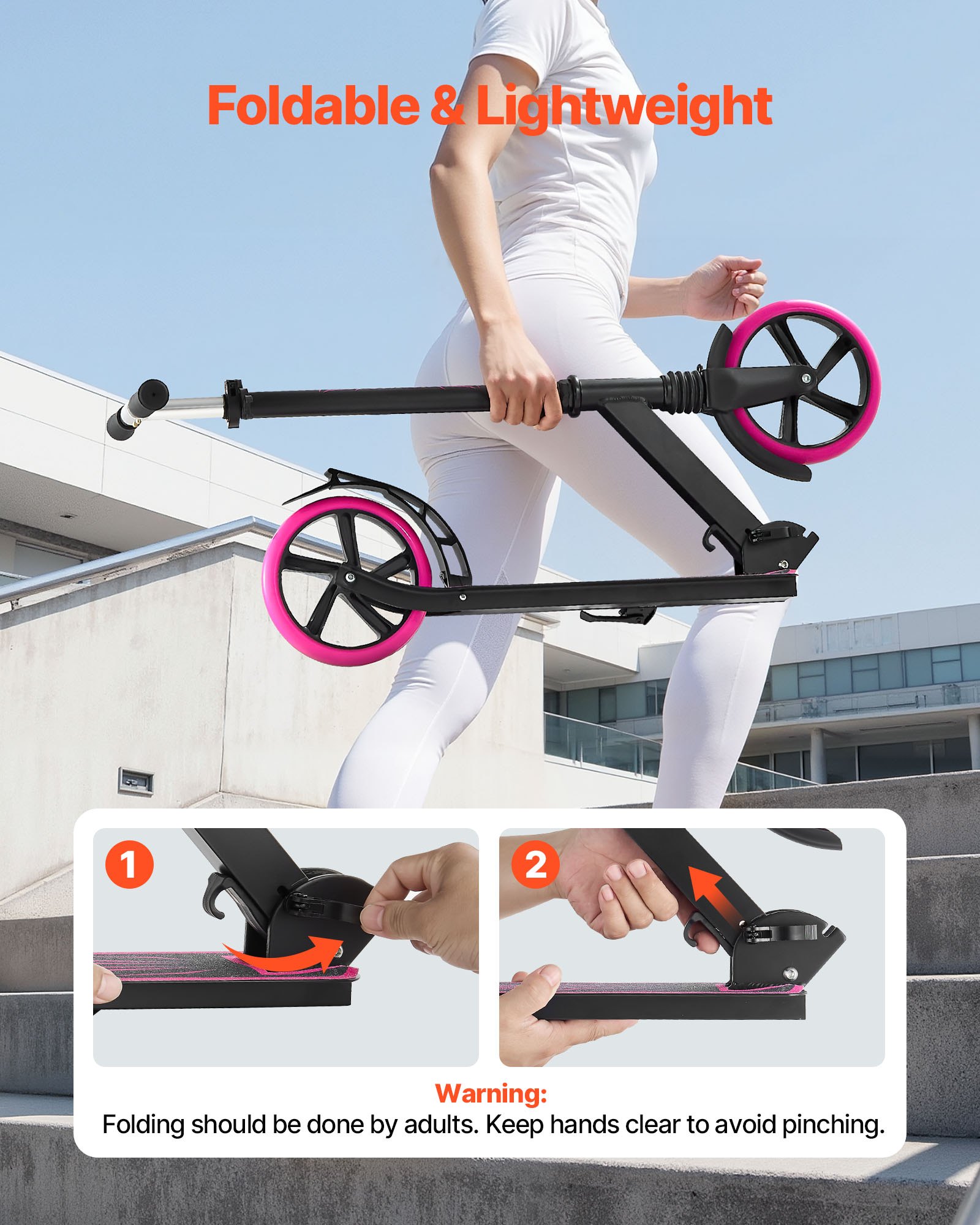 VEVOR Kick Scooter for Kids Ages 8+, Teens & Adults, 2-Wheel Toddler Scooter with Adjustable Height Handlebar, Wide Anti-Slip Deck, Foldable Lightweight Frame for Boys & Girls up to 220 lbs, Pink