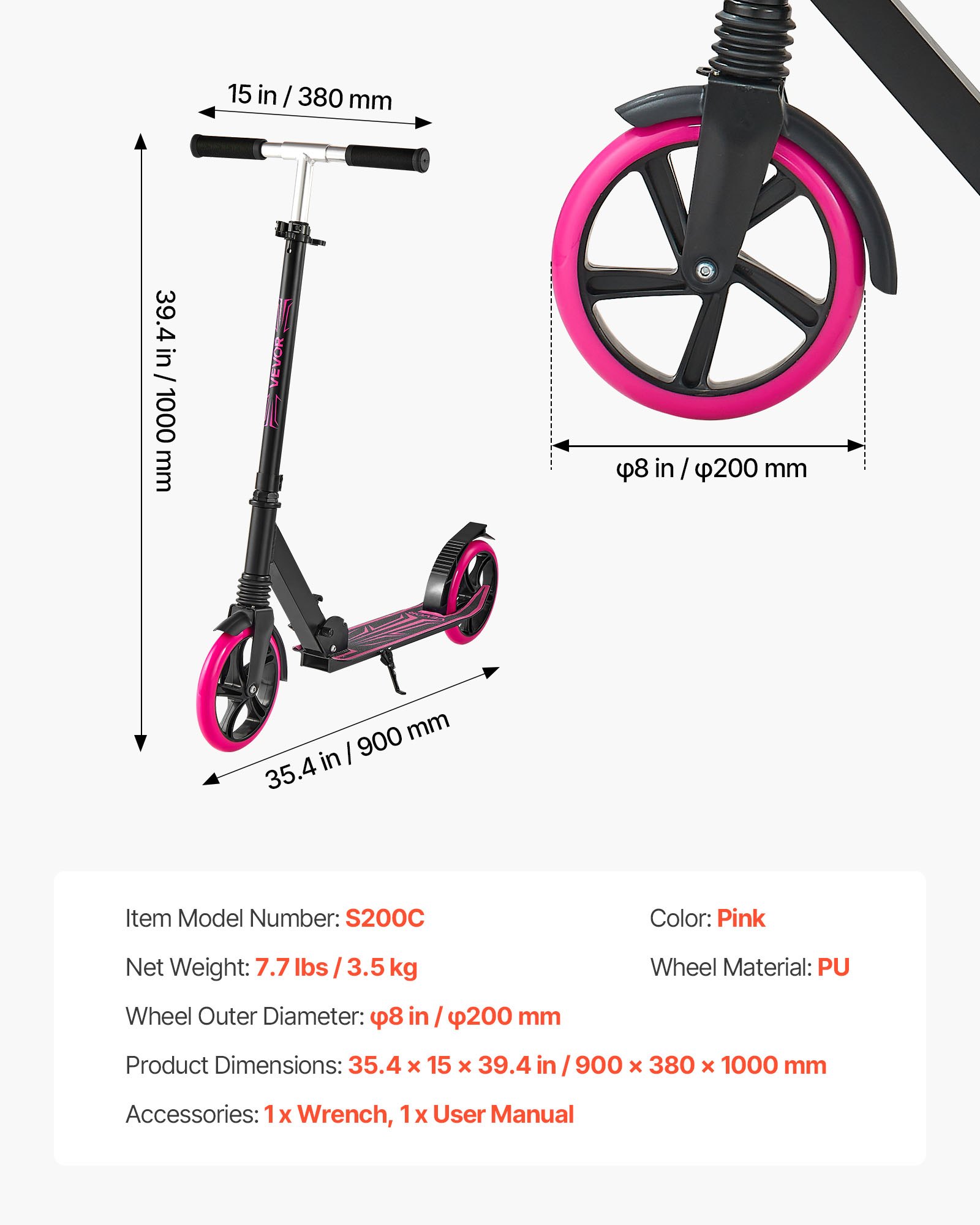 VEVOR Kick Scooter for Kids Ages 8+, Teens & Adults, 2-Wheel Toddler Scooter with Adjustable Height Handlebar, Wide Anti-Slip Deck, Foldable Lightweight Frame for Boys & Girls up to 220 lbs, Pink