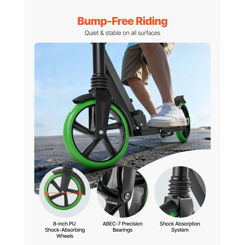 VEVOR Kick Scooter for Kids Ages 8+, Teens & Adults, 2-Wheel Toddler Scooter with Adjustable Height Handlebar, Wide Anti-Slip Deck, Foldable Lightweight for Boys & Girls up to 99.8 kg, Black + Green