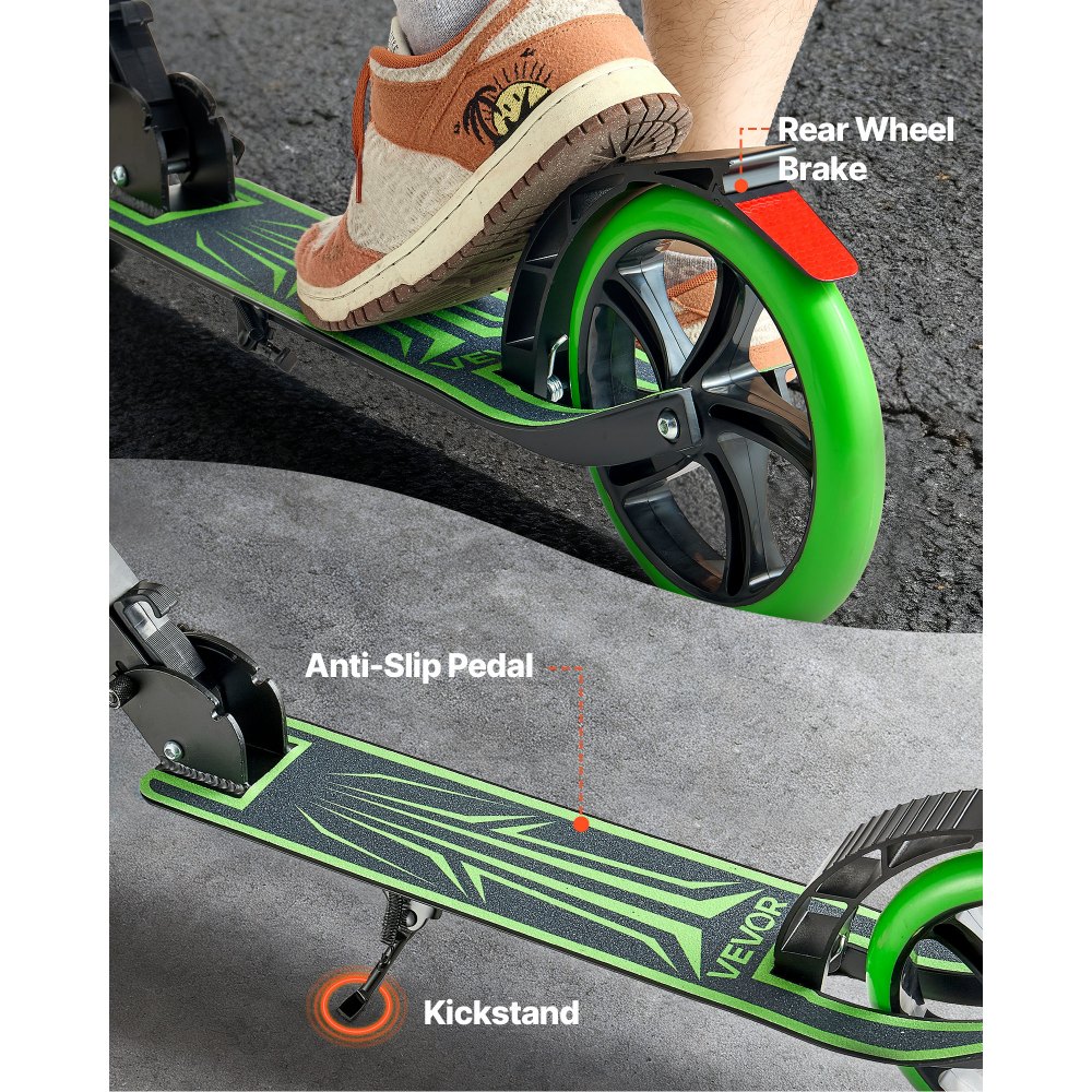 VEVOR Kick Scooter for Kids Ages 8+, Teens & Adults, 2-Wheel Toddler Scooter with Adjustable Height Handlebar, Wide Anti-Slip Deck, Foldable Lightweight for Boys & Girls up to 99.8 kg, Black + Green