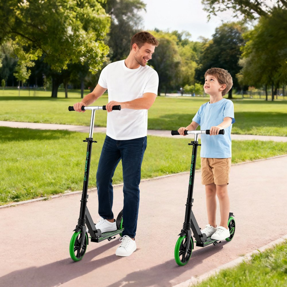 VEVOR Kick Scooter for Kids Ages 8+, Teens & Adults, 2-Wheel Toddler Scooter with Adjustable Height Handlebar, Wide Anti-Slip Deck, Foldable Lightweight for Boys & Girls up to 99.8 kg, Black + Green