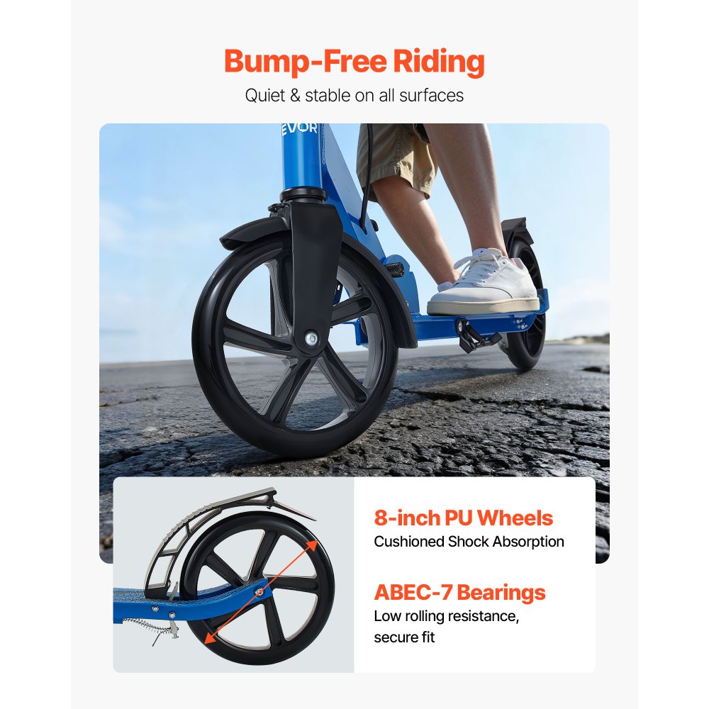 VEVOR Kick Scooter for Kids Ages 8+, Teens & Adults, 2-Wheel Toddler Scooter with Height Adjustable Handlebar, Wide Anti-Slip Deck, Foldable Lightweight for Boys & Girls up to 99.8 kg, Black + Blue