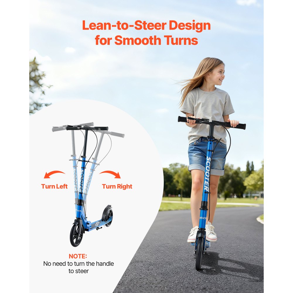VEVOR Kick Scooter for Kids Ages 8+, Teens & Adults, 2-Wheel Toddler Scooter with Height Adjustable Handlebar, Wide Anti-Slip Deck, Foldable Lightweight for Boys & Girls up to 99.8 kg, Black + Blue