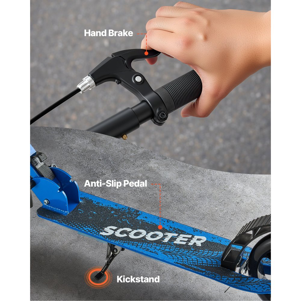 VEVOR Kick Scooter for Kids Ages 8+, Teens & Adults, 2-Wheel Toddler Scooter with Height Adjustable Handlebar, Wide Anti-Slip Deck, Foldable Lightweight for Boys & Girls up to 99.8 kg, Black + Blue