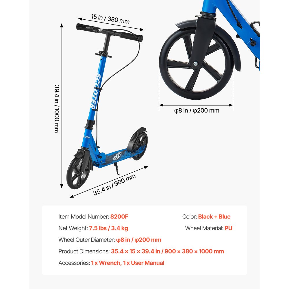 VEVOR Kick Scooter for Kids Ages 8+, Teens & Adults, 2-Wheel Toddler Scooter with Height Adjustable Handlebar, Wide Anti-Slip Deck, Foldable Lightweight for Boys & Girls up to 99.8 kg, Black + Blue