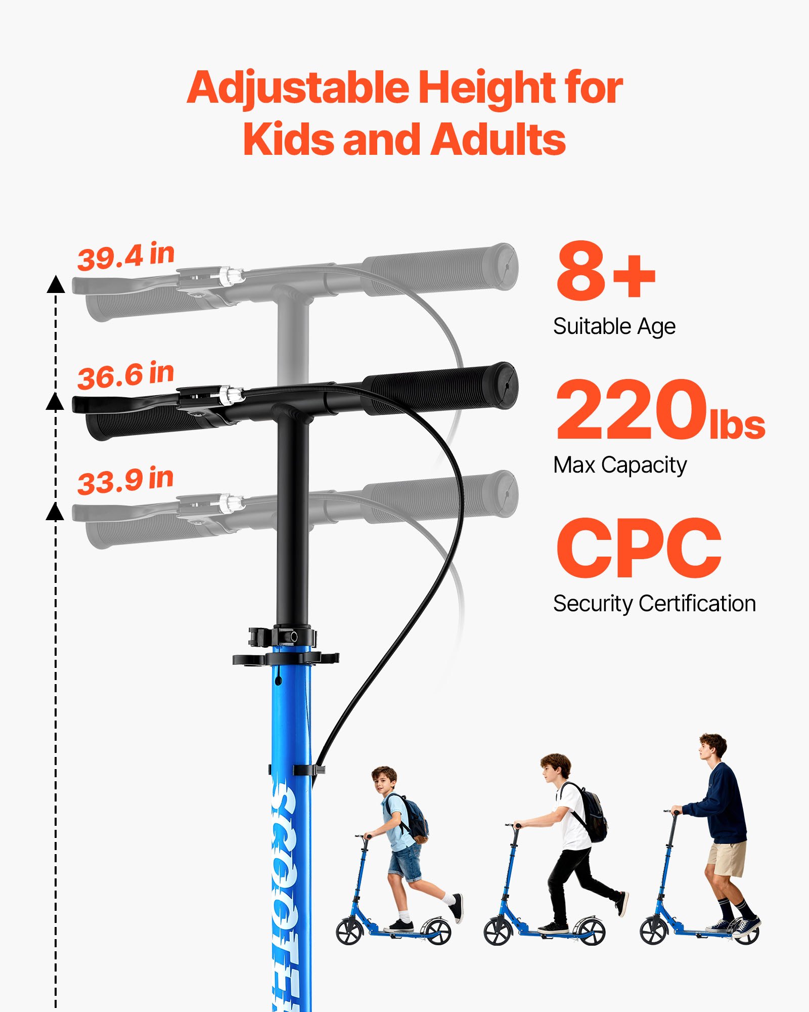 VEVOR Kick Scooter for Kids Ages 8+, Teens & Adults, 2-Wheel Toddler Scooter with Height Adjustable Handlebar, Wide Anti-Slip Deck, Foldable Lightweight for Boys & Girls up to 99.8 kg, Black + Blue