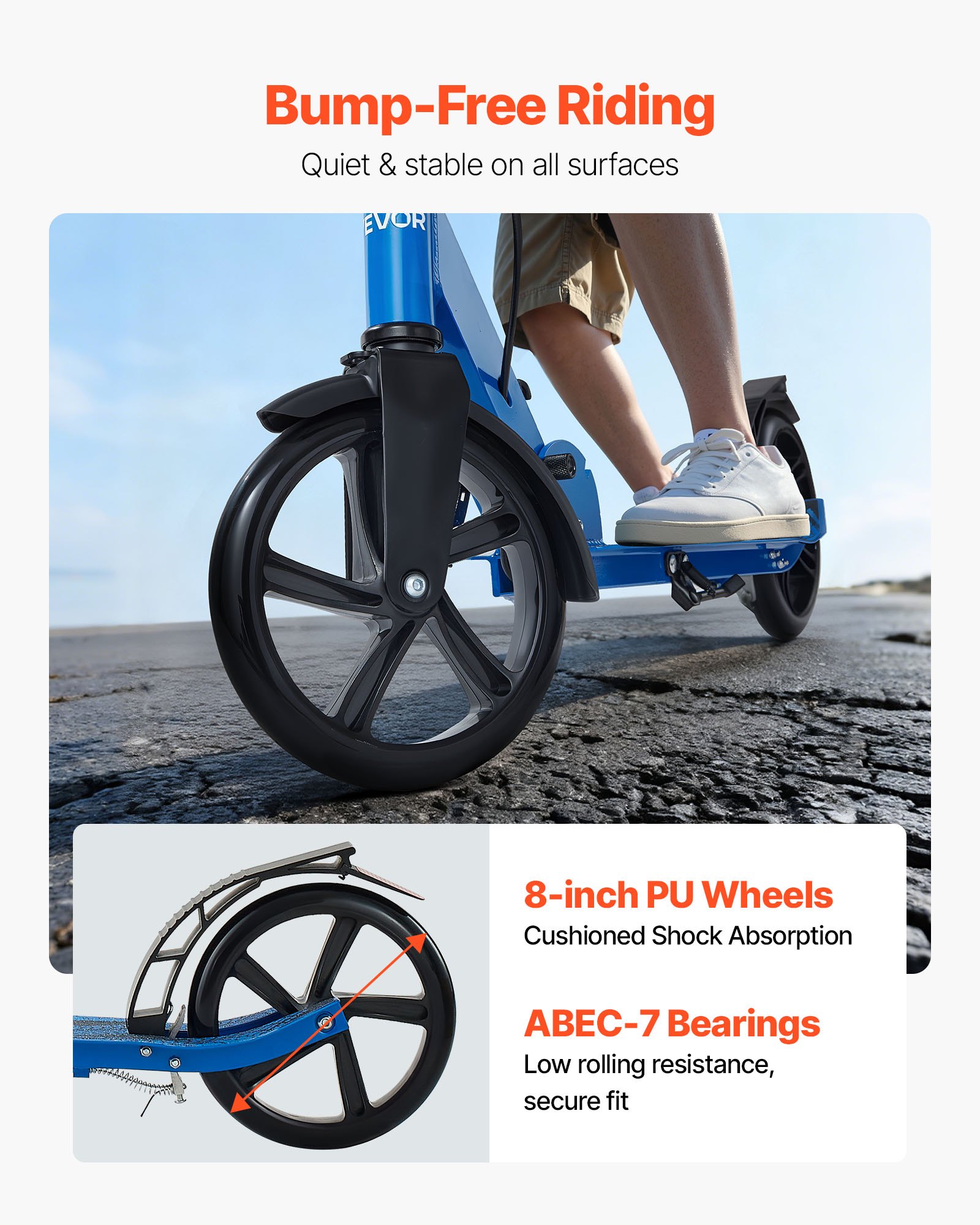 VEVOR Kick Scooter for Kids Ages 8+, Teens & Adults, 2-Wheel Toddler Scooter with Height Adjustable Handlebar, Wide Anti-Slip Deck, Foldable Lightweight for Boys & Girls up to 99.8 kg, Black + Blue
