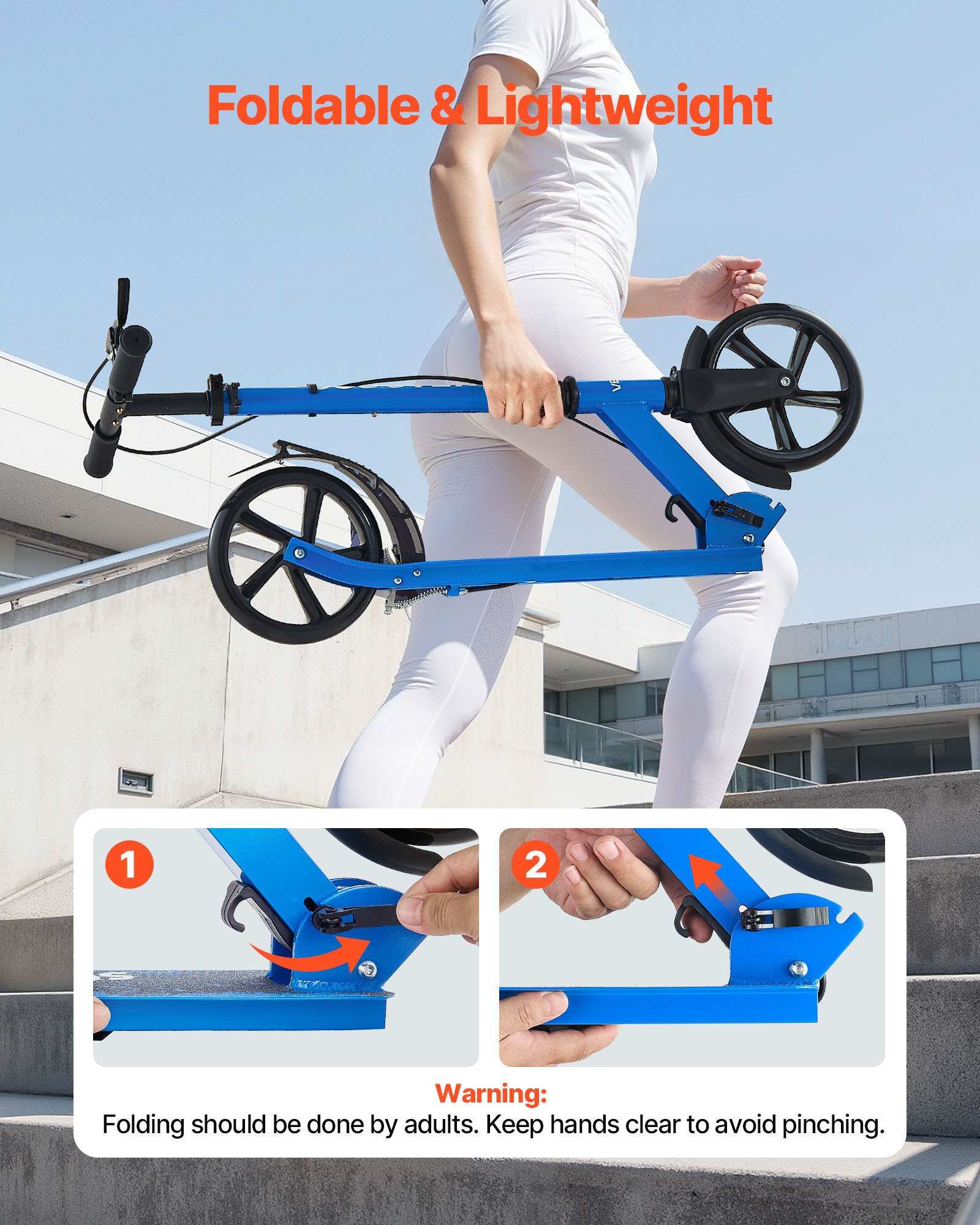 VEVOR Kick Scooter for Kids Ages 8+, Teens & Adults, 2-Wheel Toddler Scooter with Height Adjustable Handlebar, Wide Anti-Slip Deck, Foldable Lightweight for Boys & Girls up to 99.8 kg, Black + Blue