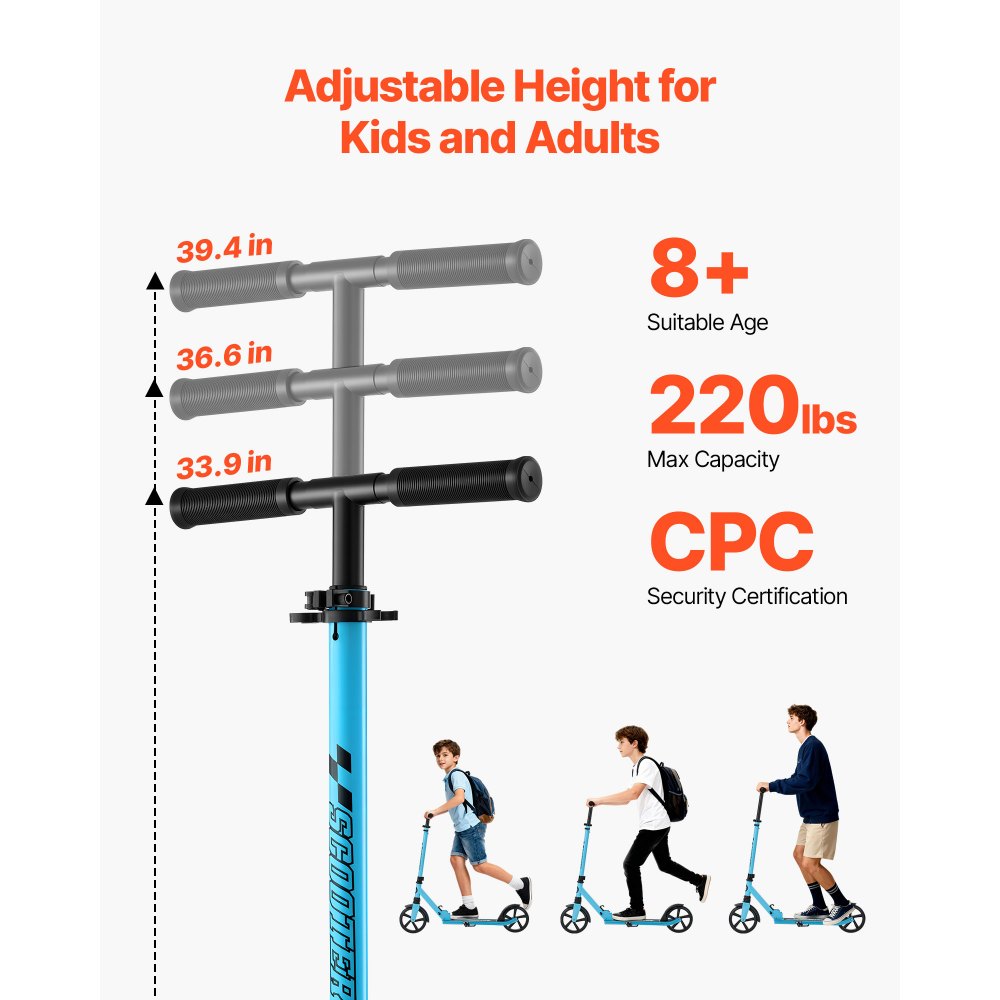 VEVOR Kick Scooter for Kids Ages 8+, Teens & Adults, 2-Wheel Toddler Scooter with Adjustable Height Handlebar, Wide Anti-Slip Deck, Foldable Lightweight for Boys & Girls up to 99.8 kg, Blue + Black