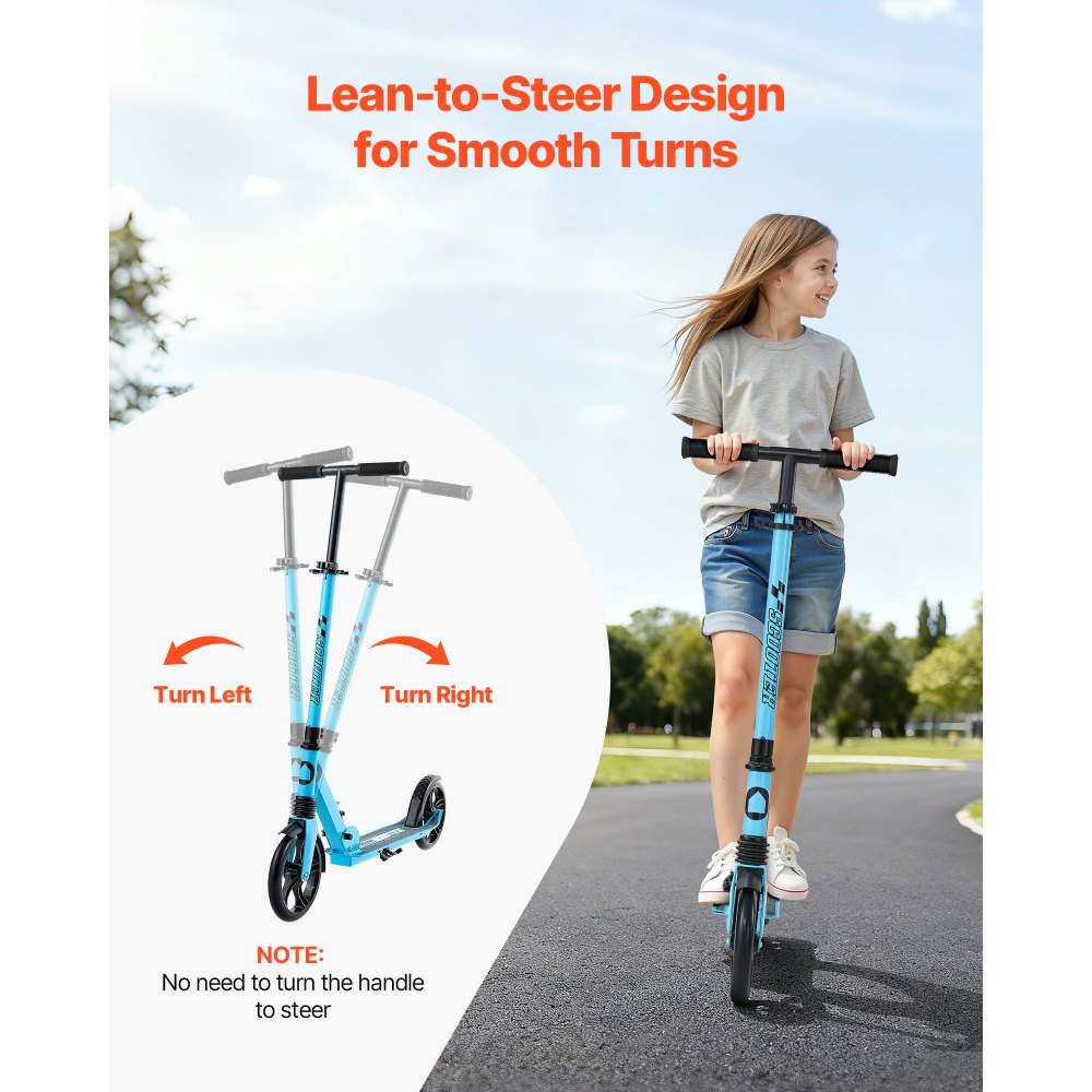 VEVOR Kick Scooter for Kids Ages 8+, Teens & Adults, 2-Wheel Toddler Scooter with Adjustable Height Handlebar, Wide Anti-Slip Deck, Foldable Lightweight for Boys & Girls up to 99.8 kg, Blue + Black