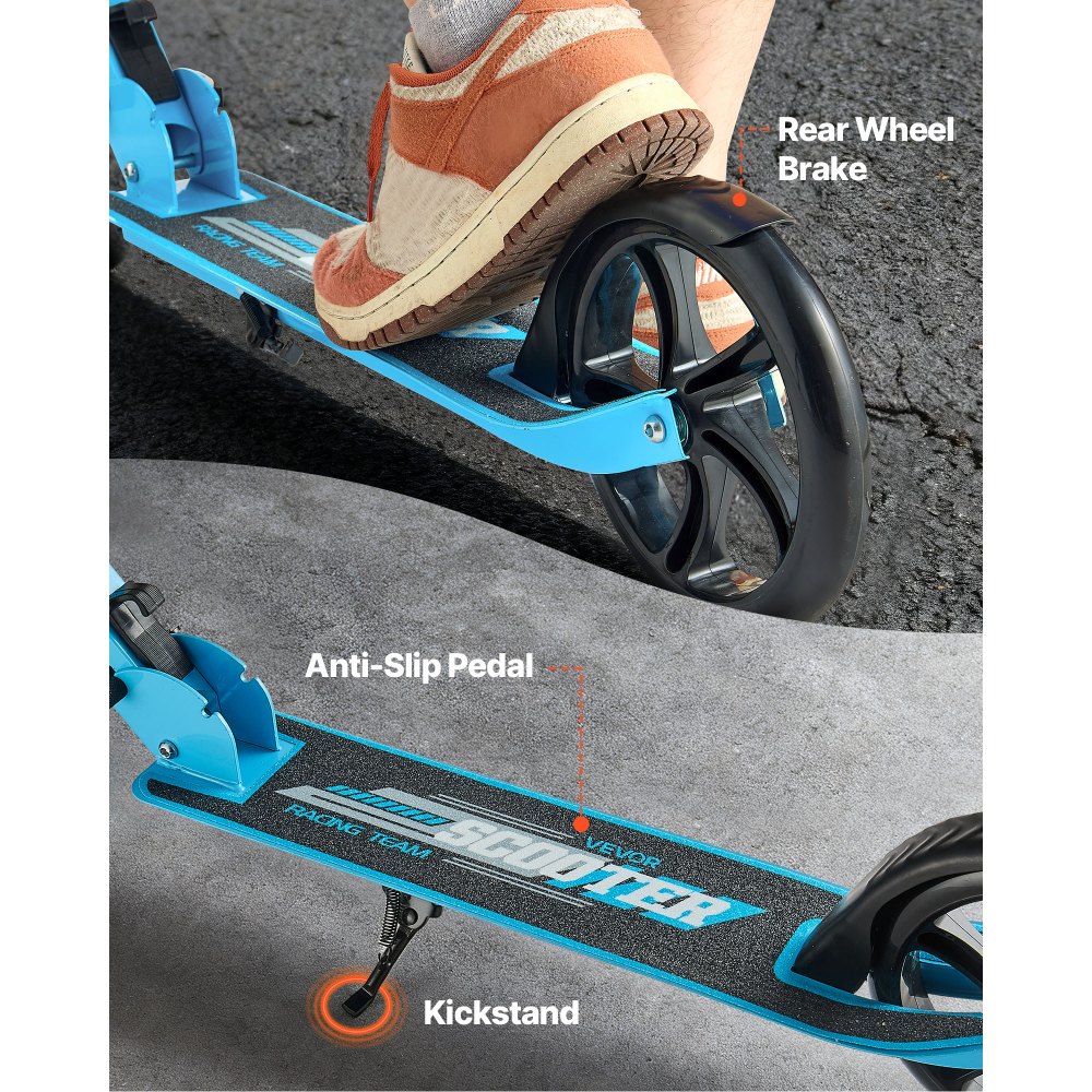 VEVOR Kick Scooter for Kids Ages 8+, Teens & Adults, 2-Wheel Toddler Scooter with Adjustable Height Handlebar, Wide Anti-Slip Deck, Foldable Lightweight for Boys & Girls up to 99.8 kg, Blue + Black