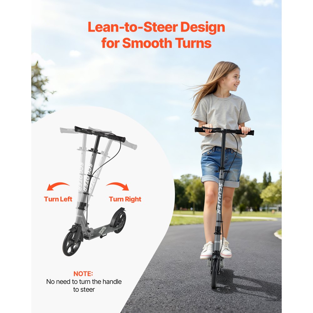 VEVOR Kick Scooter for Kids Ages 8+, Teens & Adults, 2-Wheel Toddler Scooter with Adjustable Height Handlebar, Wide Anti-Slip Deck, Foldable Lightweight Frame for Boys and Girls up to 99.8 kg, Gray