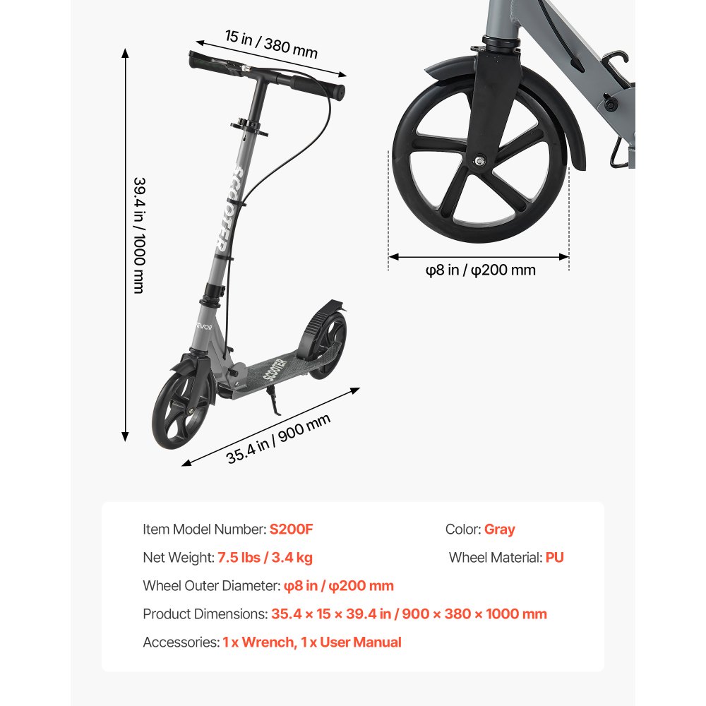 VEVOR Kick Scooter for Kids Ages 8+, Teens & Adults, 2-Wheel Toddler Scooter with Adjustable Height Handlebar, Wide Anti-Slip Deck, Foldable Lightweight Frame for Boys and Girls up to 99.8 kg, Gray