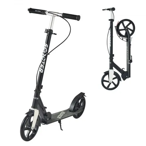 VEVOR Kick Scooter for Kids Ages 8+, Teens & Adults, 2-Wheel Toddler Scooter with Adjustable Height Handlebar, Wide Anti-Slip Deck, Foldable Lightweight for Boys & Girls up to 220 lbs, Black + Silver