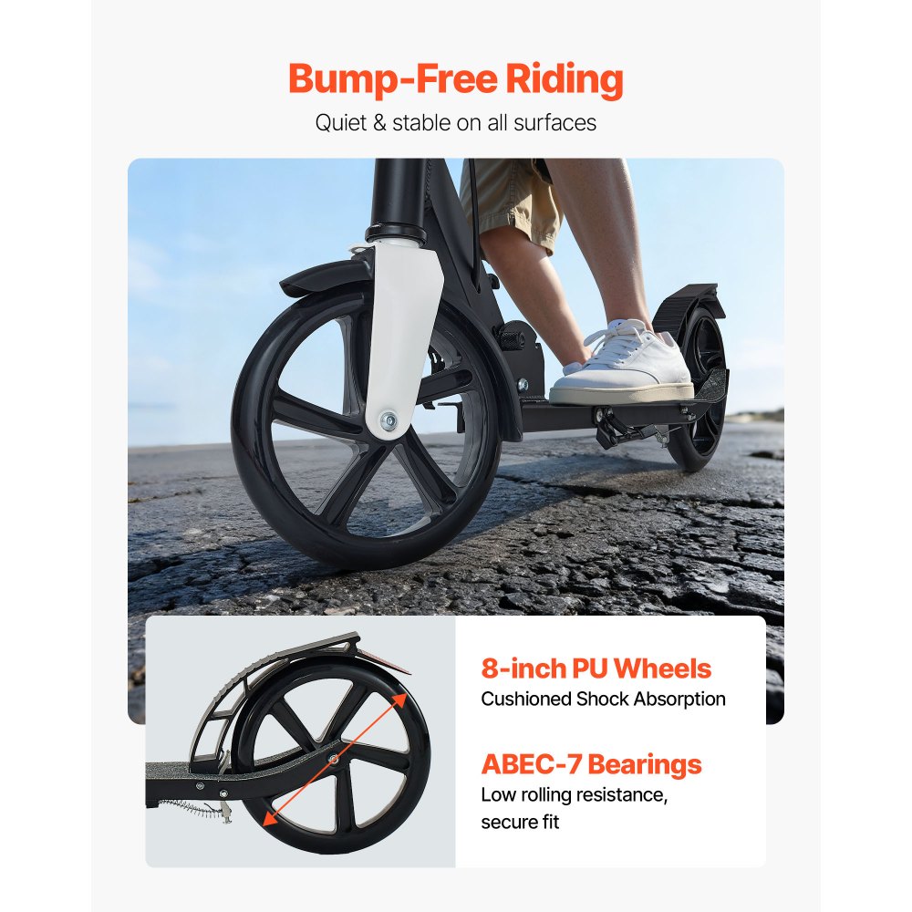 VEVOR Kick Scooter for Kids Ages 8+, Teens & Adults, 2-Wheel Toddler Scooter with Adjustable Height Handlebar, Wide Anti-Slip Deck, Foldable Lightweight for Boys & Girls up to 99.8 kg, Black + Silver