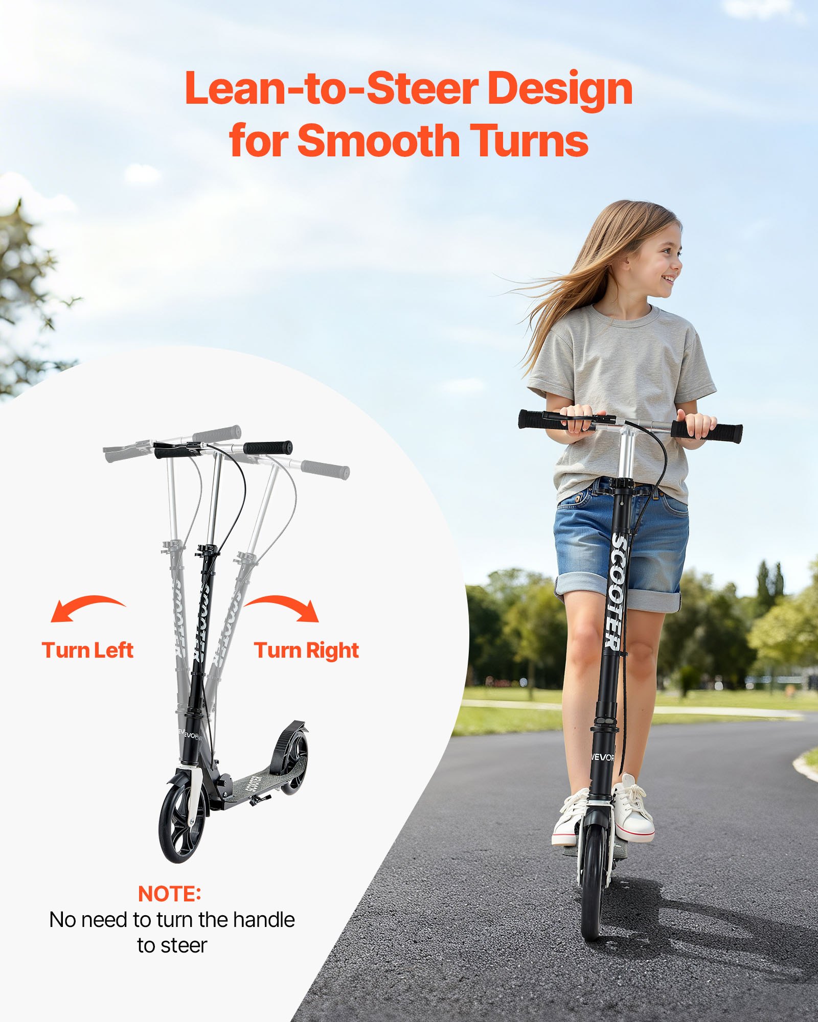 VEVOR Kick Scooter for Kids Ages 8+, Teens & Adults, 2-Wheel Toddler Scooter with Adjustable Height Handlebar, Wide Anti-Slip Deck, Foldable Lightweight for Boys & Girls up to 99.8 kg, Black + Silver