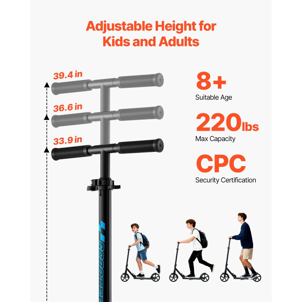 VEVOR Kick Scooter for Kids Ages 8+, Teens & Adults, 2-Wheel Toddler Scooter with Adjustable Height Handlebar, Wide Anti-Slip Deck, Foldable Lightweight for Boys & Girls up to 99.8 kg, Black + Blue