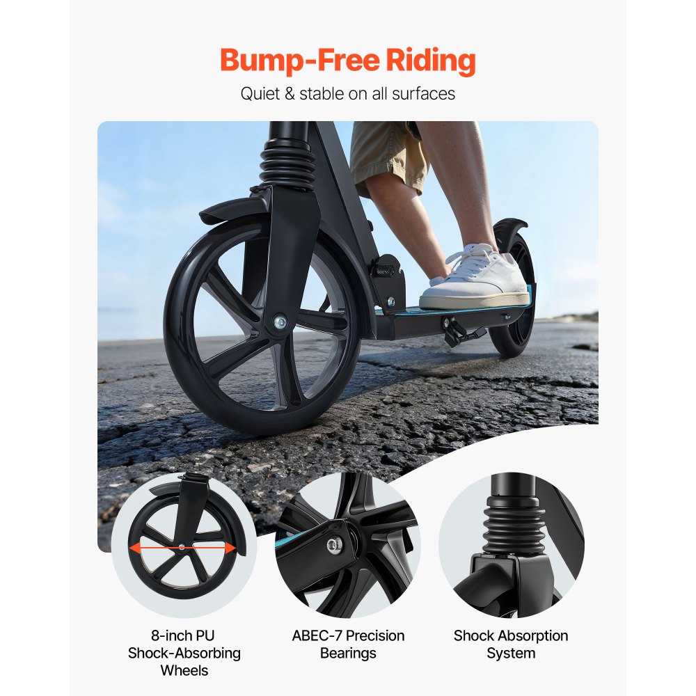 VEVOR Kick Scooter for Kids Ages 8+, Teens & Adults, 2-Wheel Toddler Scooter with Adjustable Height Handlebar, Wide Anti-Slip Deck, Foldable Lightweight for Boys & Girls up to 99.8 kg, Black + Blue
