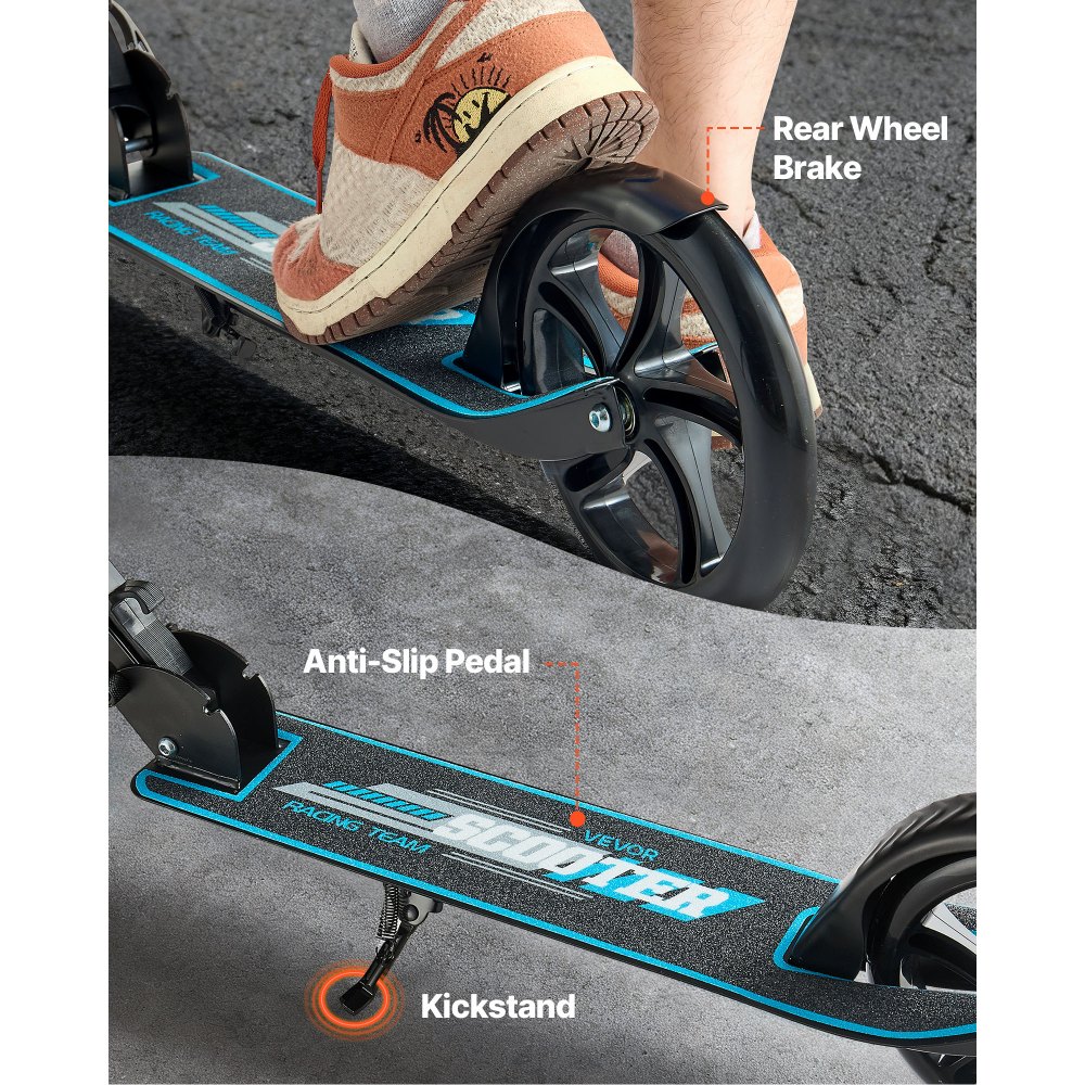 VEVOR Kick Scooter for Kids Ages 8+, Teens & Adults, 2-Wheel Toddler Scooter with Adjustable Height Handlebar, Wide Anti-Slip Deck, Foldable Lightweight for Boys & Girls up to 99.8 kg, Black + Blue