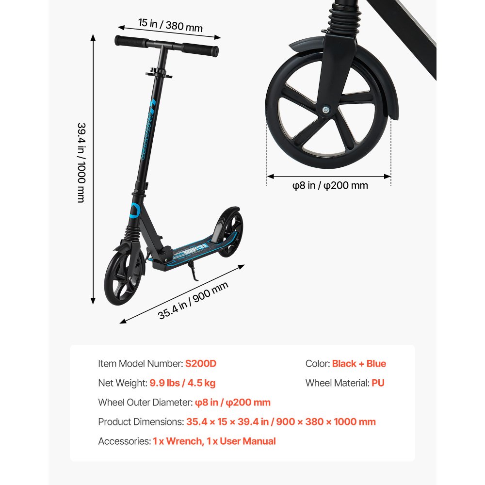 VEVOR Kick Scooter for Kids Ages 8+, Teens & Adults, 2-Wheel Toddler Scooter with Adjustable Height Handlebar, Wide Anti-Slip Deck, Foldable Lightweight for Boys & Girls up to 99.8 kg, Black + Blue