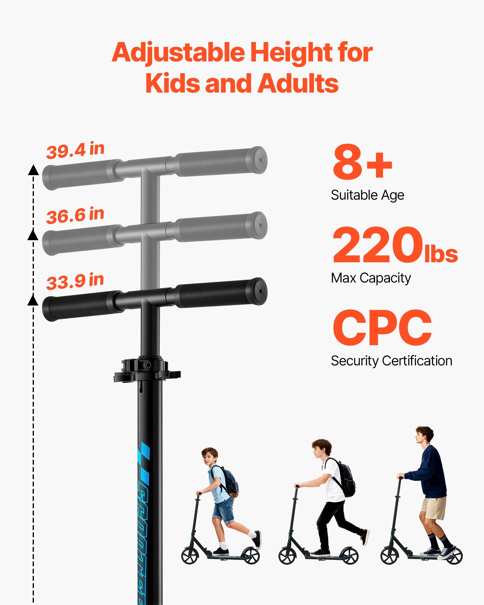 VEVOR Kick Scooter for Kids Ages 8+, Teens & Adults, 2-Wheel Toddler Scooter with Adjustable Height Handlebar, Wide Anti-Slip Deck, Foldable Lightweight for Boys & Girls up to 99.8 kg, Black + Blue