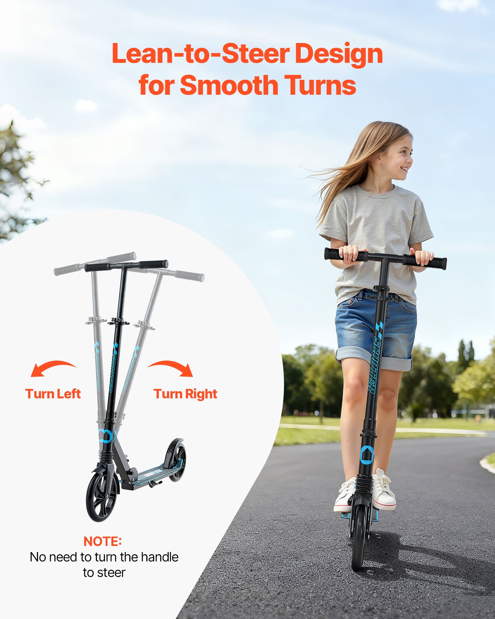 VEVOR Kick Scooter for Kids Ages 8+, Teens & Adults, 2-Wheel Toddler Scooter with Adjustable Height Handlebar, Wide Anti-Slip Deck, Foldable Lightweight for Boys & Girls up to 99.8 kg, Black + Blue