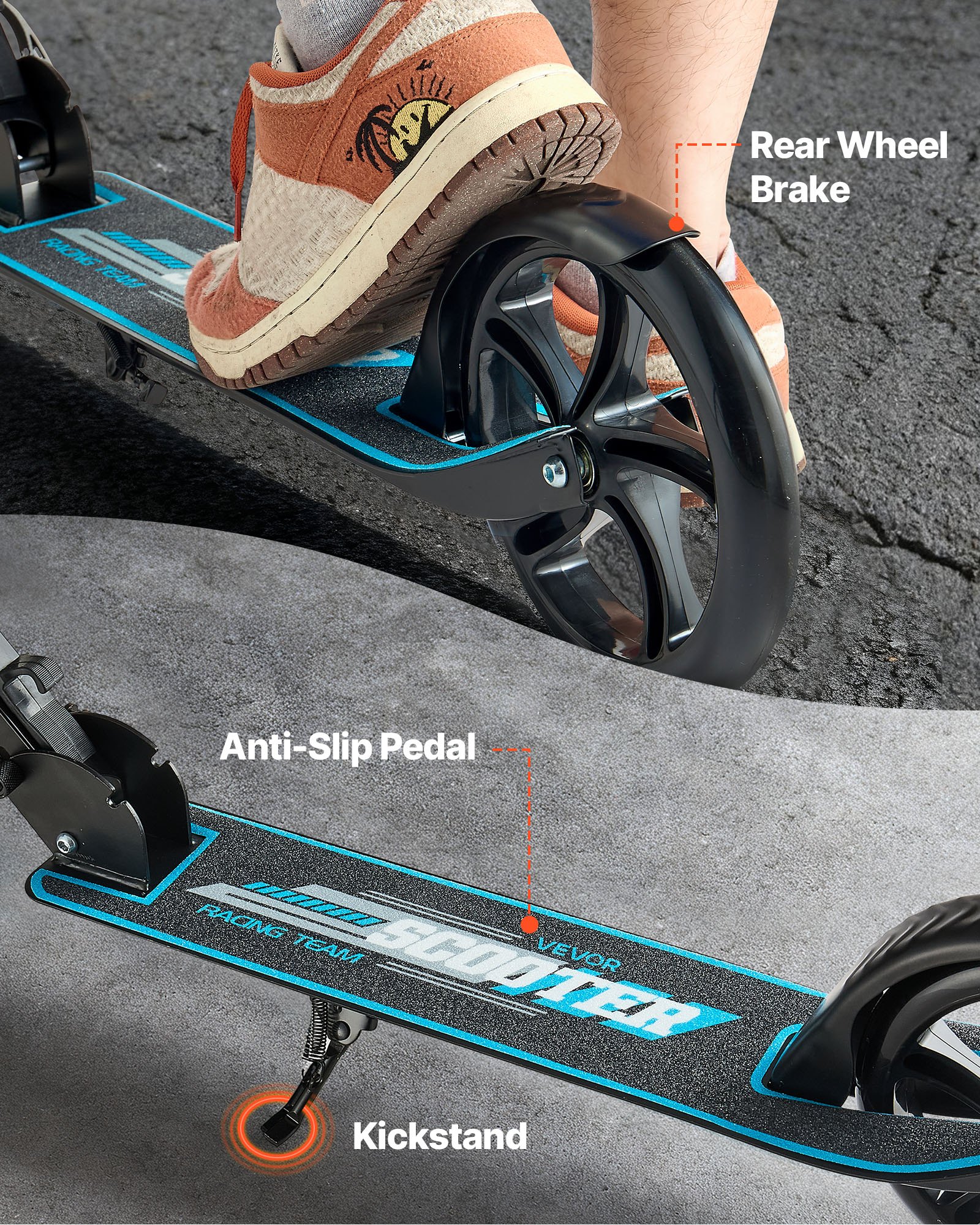 VEVOR Kick Scooter for Kids Ages 8+, Teens & Adults, 2-Wheel Toddler Scooter with Adjustable Height Handlebar, Wide Anti-Slip Deck, Foldable Lightweight for Boys & Girls up to 99.8 kg, Black + Blue