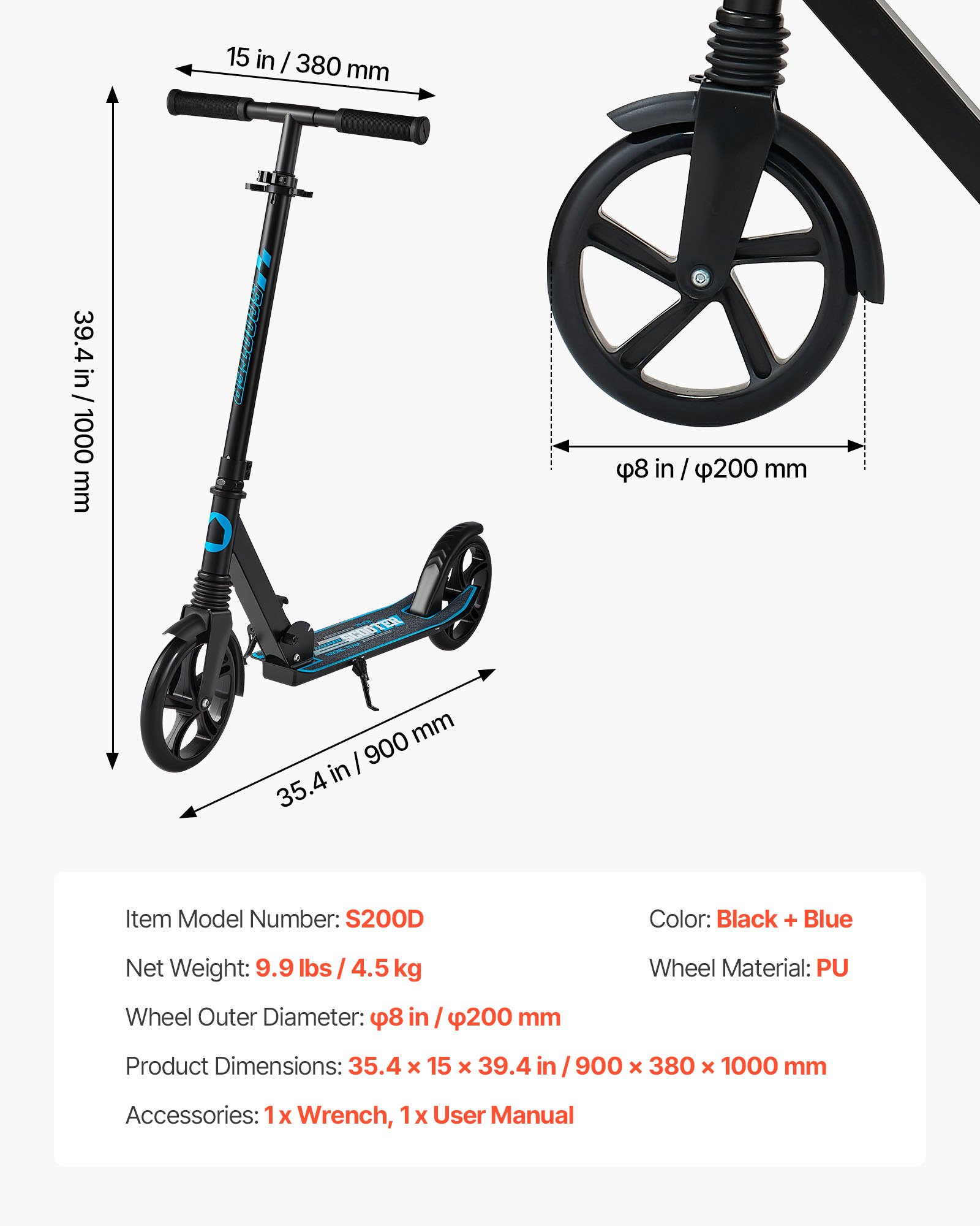 VEVOR Kick Scooter for Kids Ages 8+, Teens & Adults, 2-Wheel Toddler Scooter with Adjustable Height Handlebar, Wide Anti-Slip Deck, Foldable Lightweight for Boys & Girls up to 99.8 kg, Black + Blue