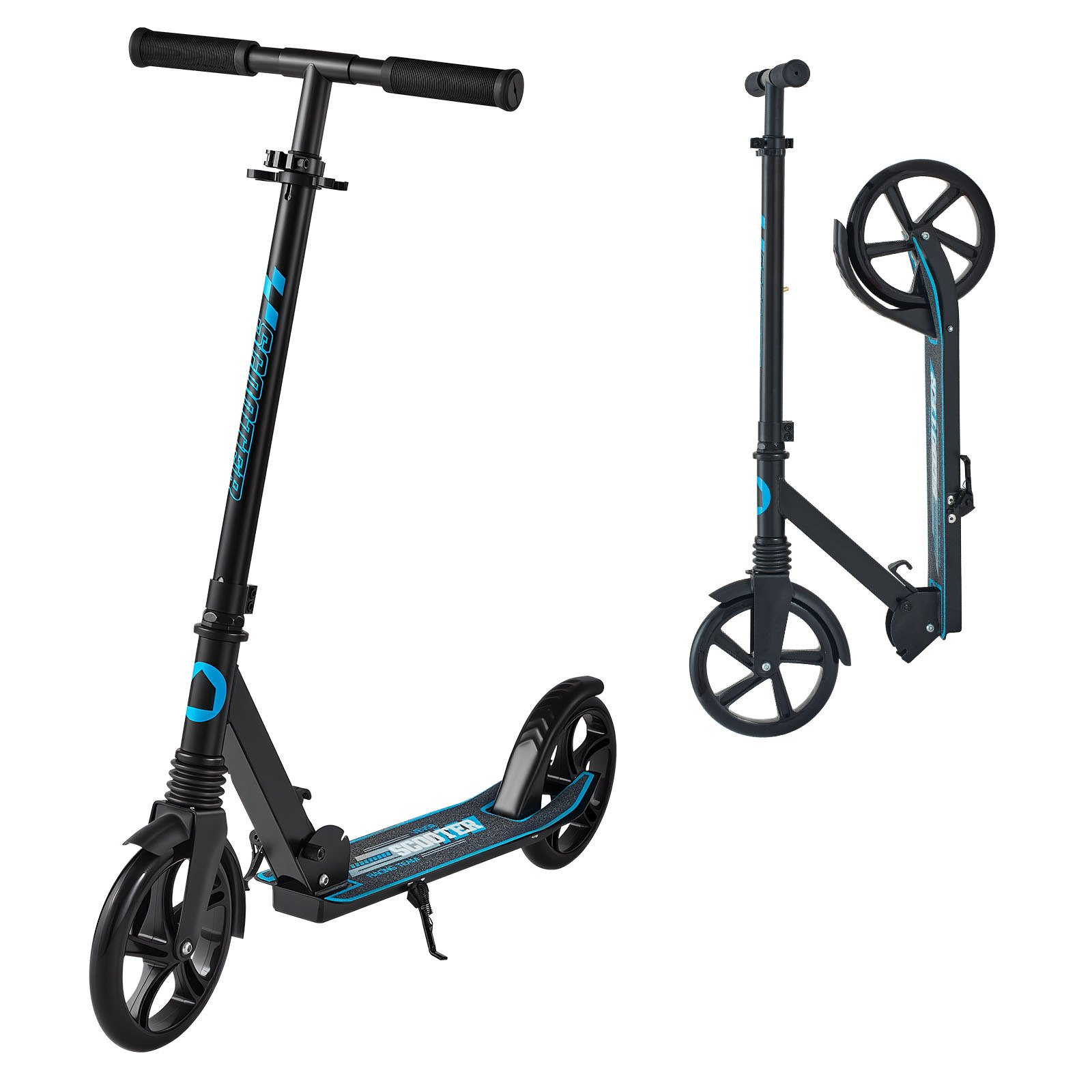 VEVOR Kick Scooter for Kids Ages 8+, Teens & Adults, 2-Wheel Toddler Scooter with Adjustable Height Handlebar, Wide Anti-Slip Deck, Foldable Lightweight for Boys & Girls up to 99.8 kg, Black + Blue
