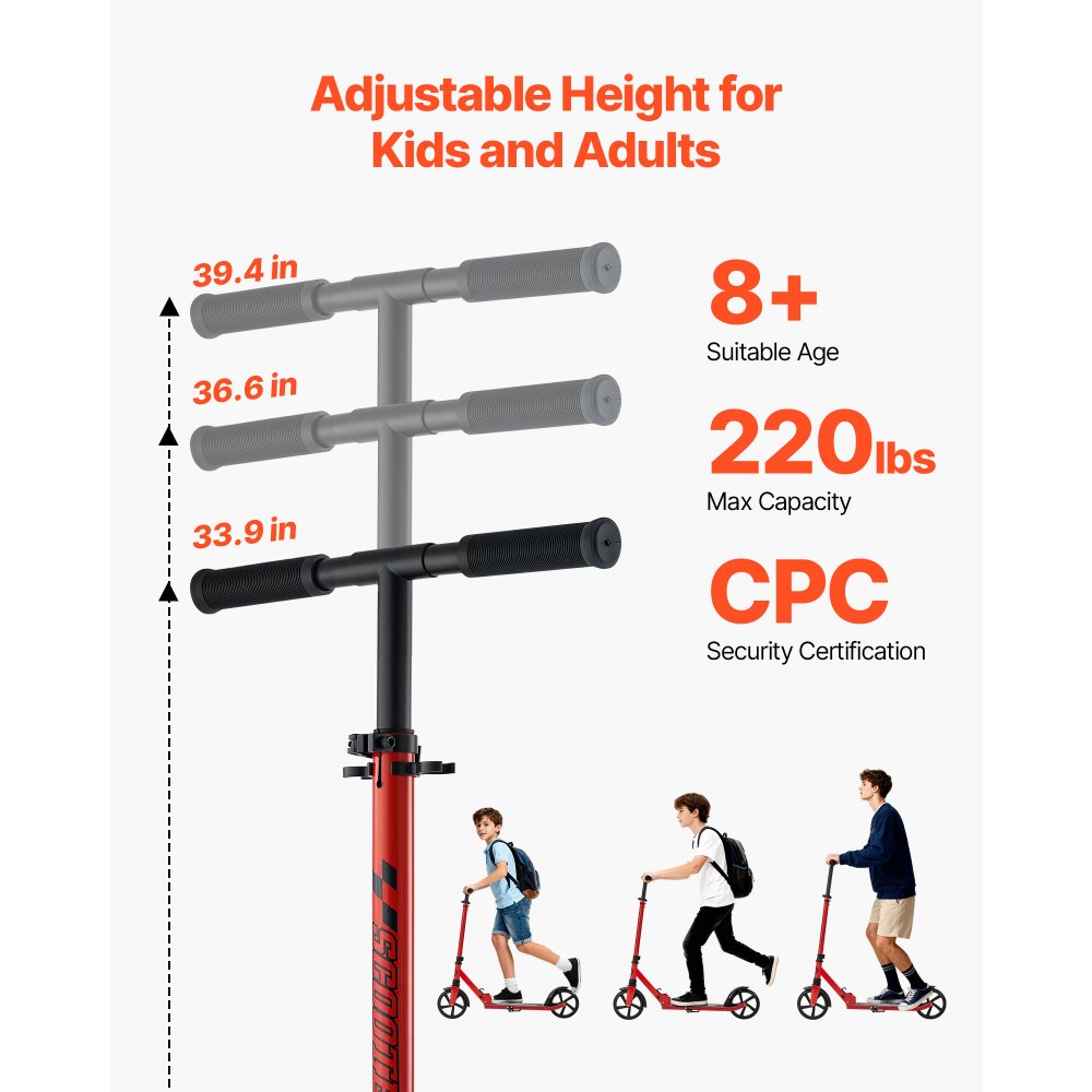 VEVOR Kick Scooter for Kids Ages 8+, Teens & Adults, 2-Wheel Toddler Scooter with Adjustable Height Handlebar, Wide Anti-Slip Deck, Foldable Lightweight for Boys & Girls up to 99.8 kg, Red + Black