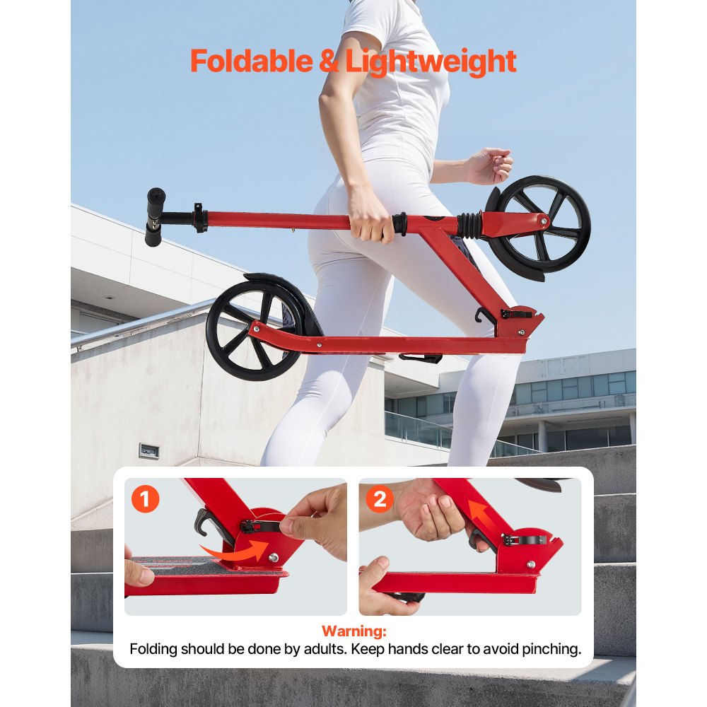 VEVOR Kick Scooter for Kids Ages 8+, Teens & Adults, 2-Wheel Toddler Scooter with Adjustable Height Handlebar, Wide Anti-Slip Deck, Foldable Lightweight for Boys & Girls up to 99.8 kg, Red + Black