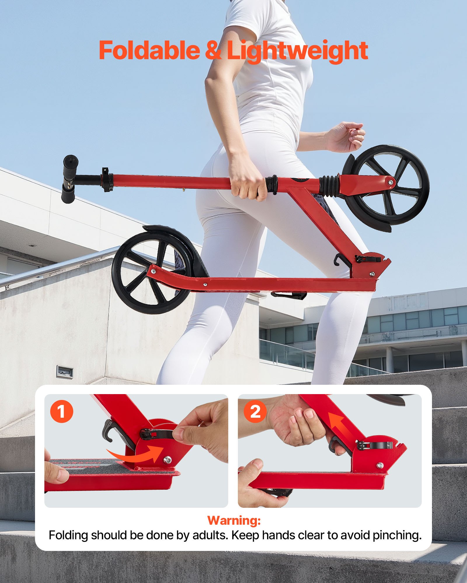 VEVOR Kick Scooter for Kids Ages 8+, Teens & Adults, 2-Wheel Toddler Scooter with Adjustable Height Handlebar, Wide Anti-Slip Deck, Foldable Lightweight for Boys & Girls up to 99.8 kg, Red + Black