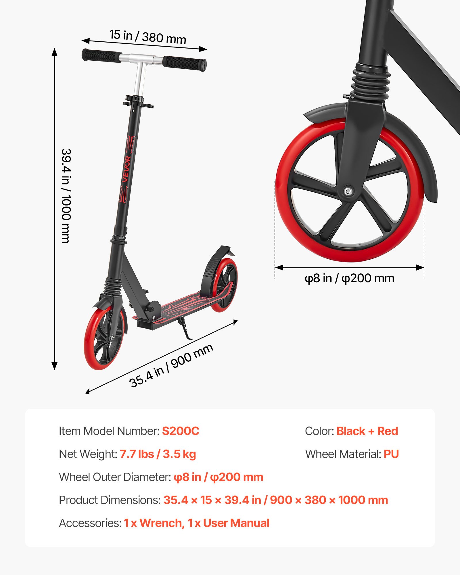 VEVOR Kick Scooter for Kids Ages 8+, Teens & Adults, 2-Wheel Toddler Scooter with Adjustable Height Handlebar, Wide Anti-Slip Deck, Foldable Lightweight for Boys & Girls up to 99.8 kg, Black + Red